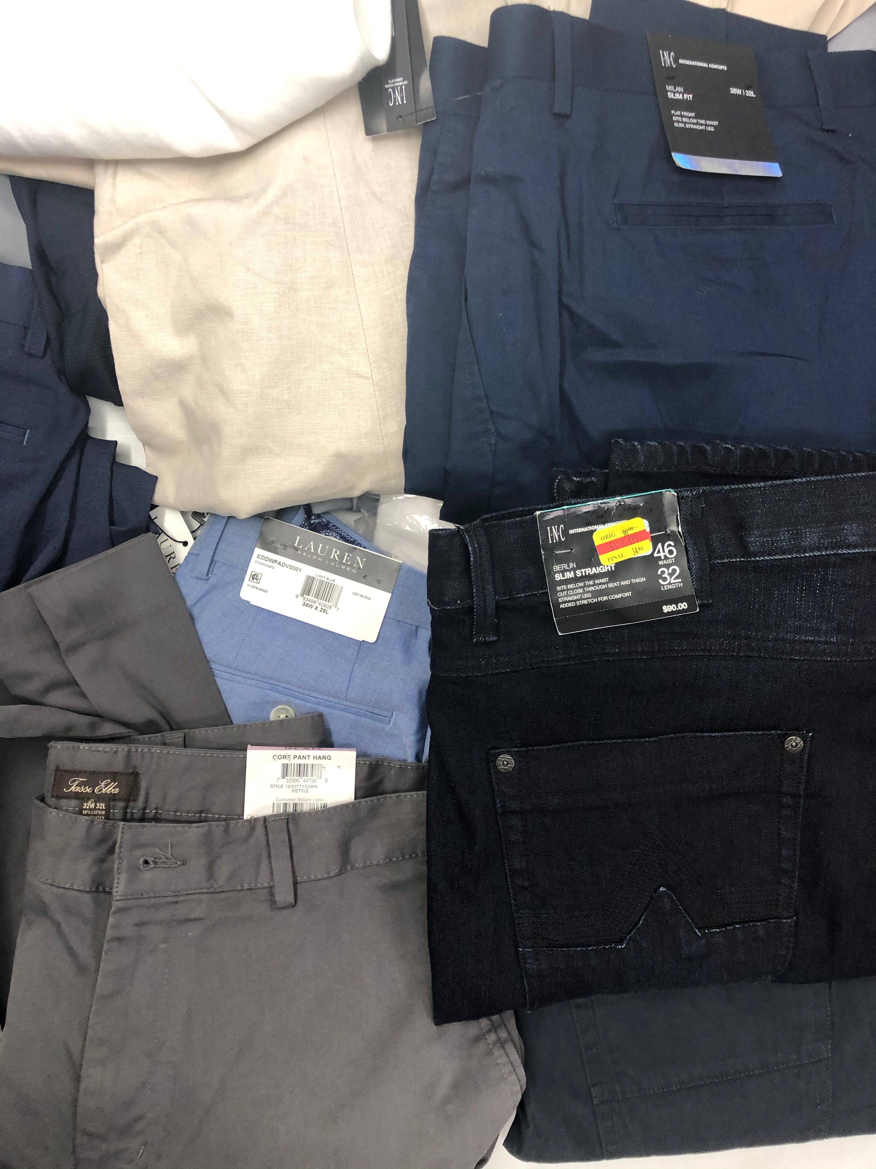 Men's Clothing Bottom Wholesale Lot, POLO RALPH LAUREN, DKNY, LEVI'S, TASSO ELBA, ALFANI and more,  33 Units, Shelf Pulls, MSRP $2,433.49