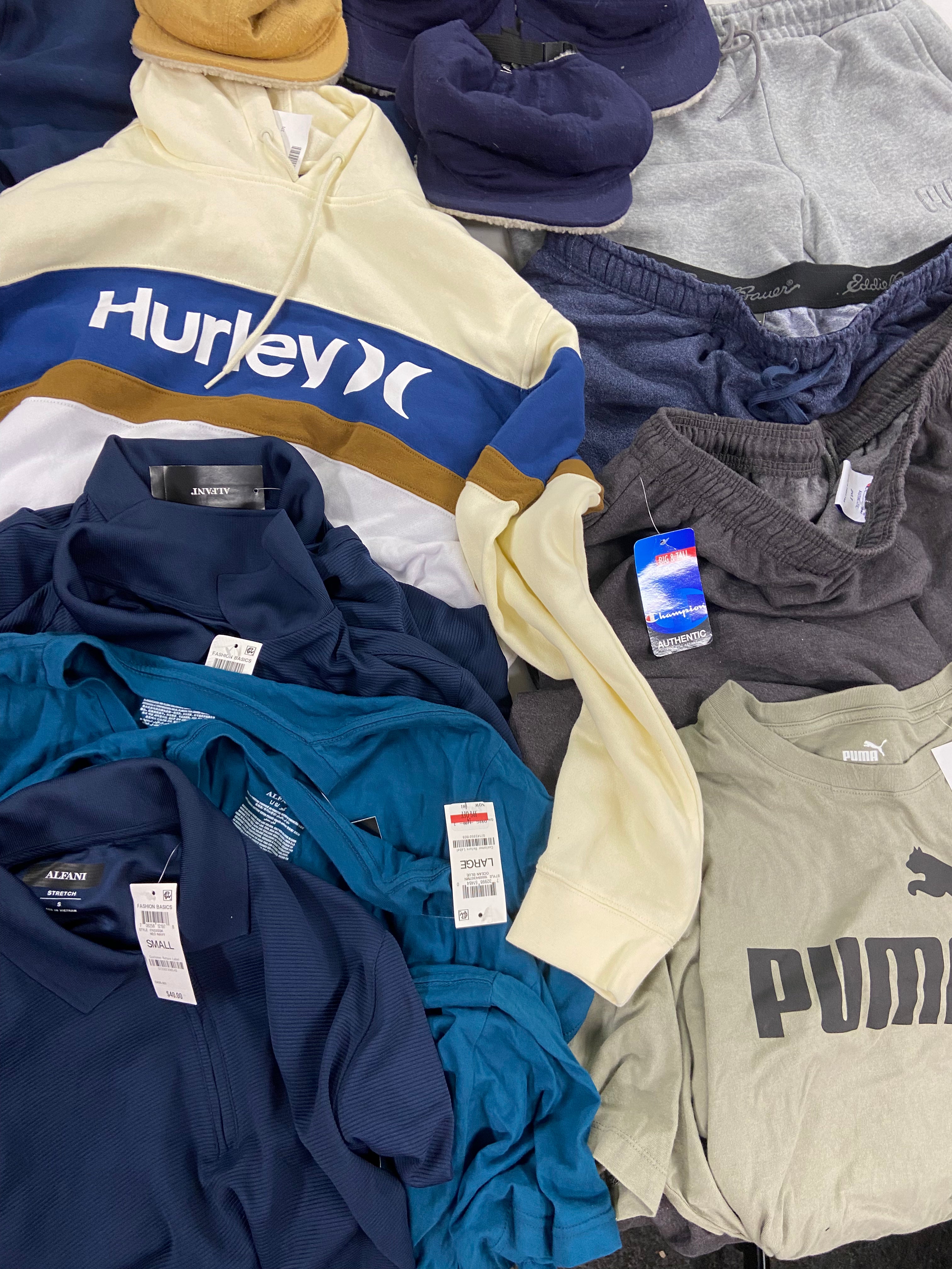 Men's Clothing Sweatshirts, Hats & Others, Wholesale Lot, PUMA, NEW ERA, HURLEY, EDDIE BAUER, CHAMPION and more, 17 items, Shelf Pulls, MSRP $1,002