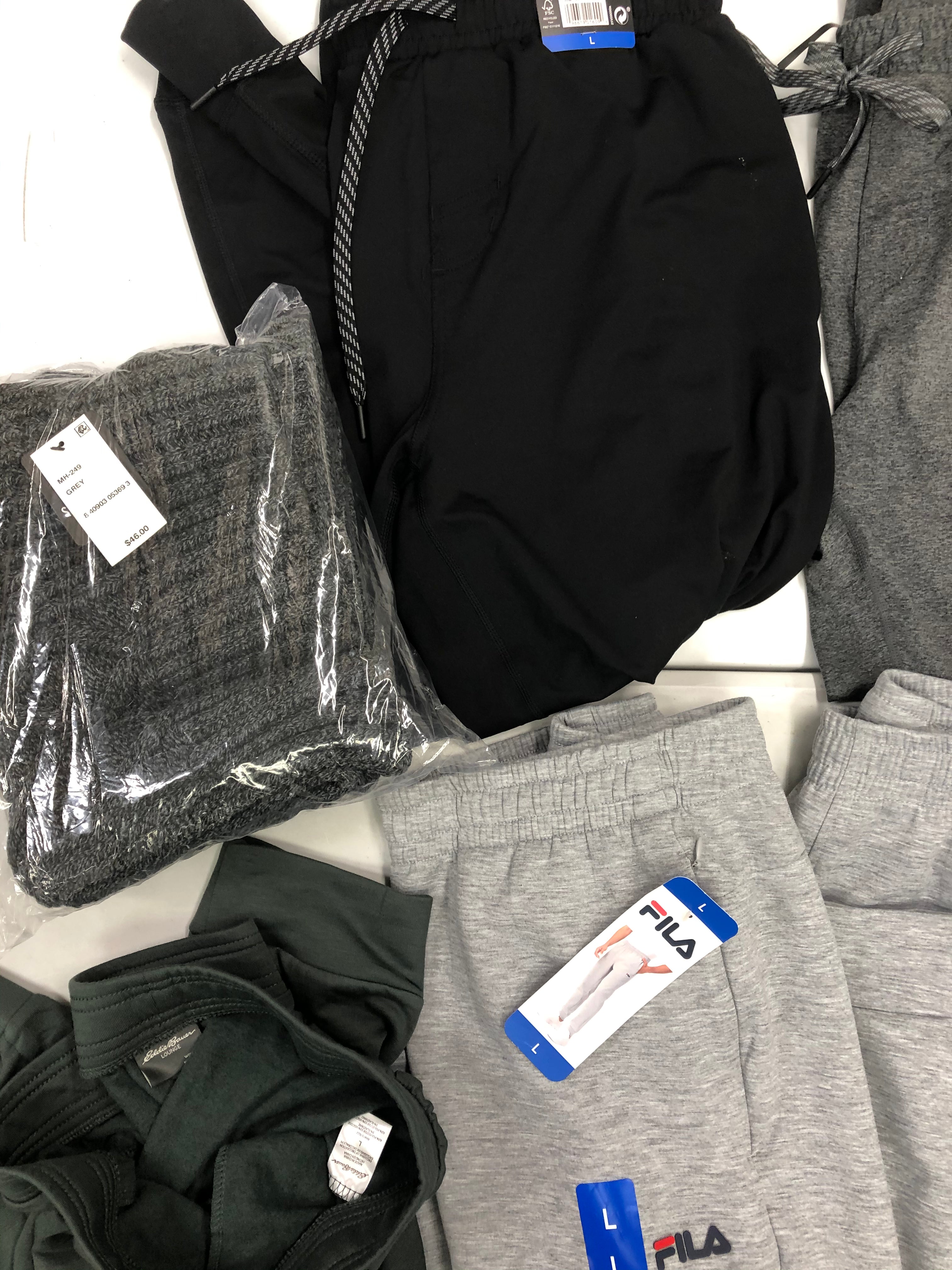 Men's Clothing Sweatpants and more Wholesale Lot, FILA, EDDIE BAUER, STEVE MADDEN, KIRKLAND and more, 8 items, Shelf Pulls, MSRP $381