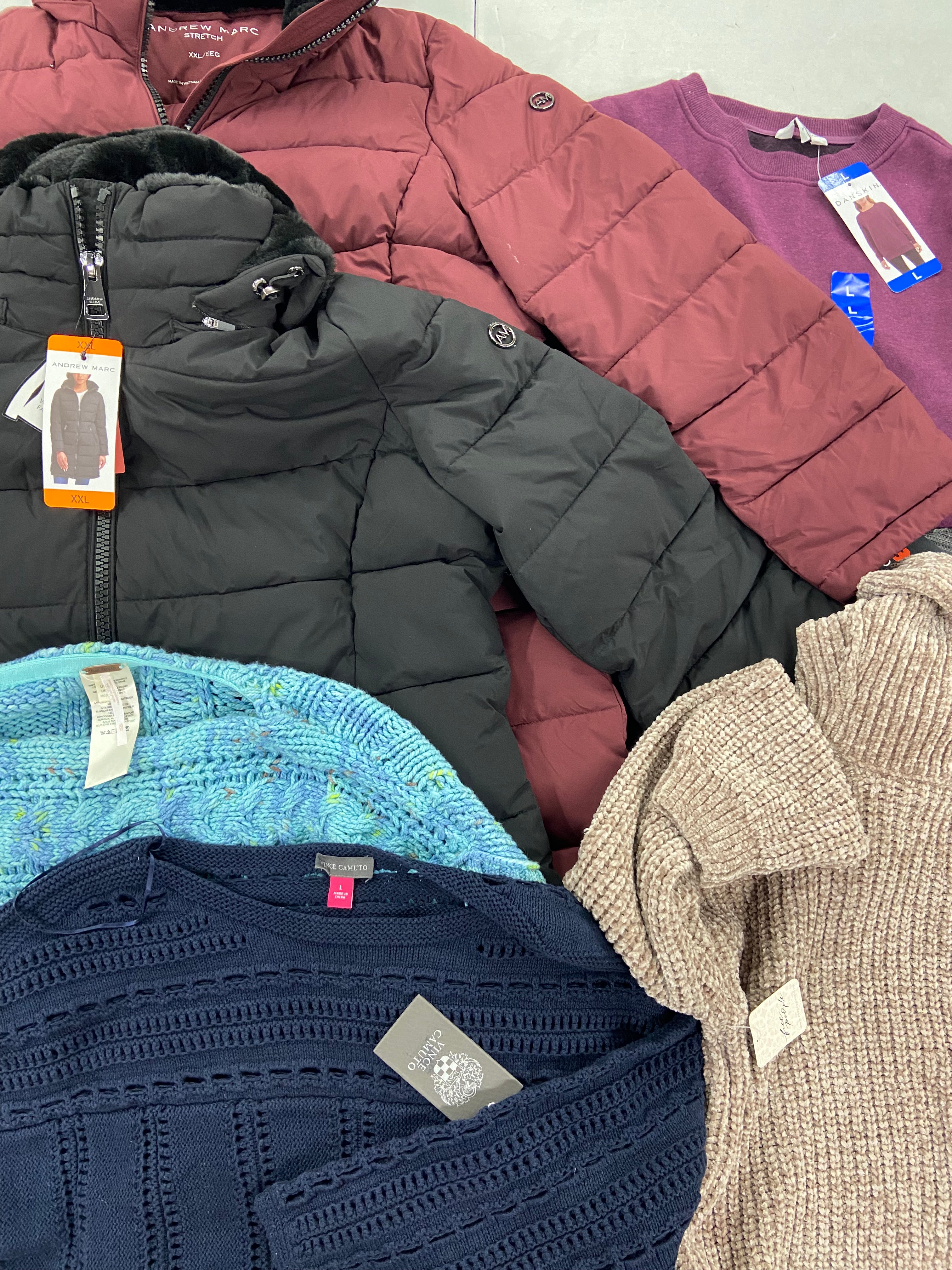 Women's Clothing Sweaters, Jackets & Others Wholesale Lot, VINCE CAMUTO, FREE PEOPLE, ANDREW MARC, DANSKIN and more, 7 items, Shelf Pulls, MSRP $627