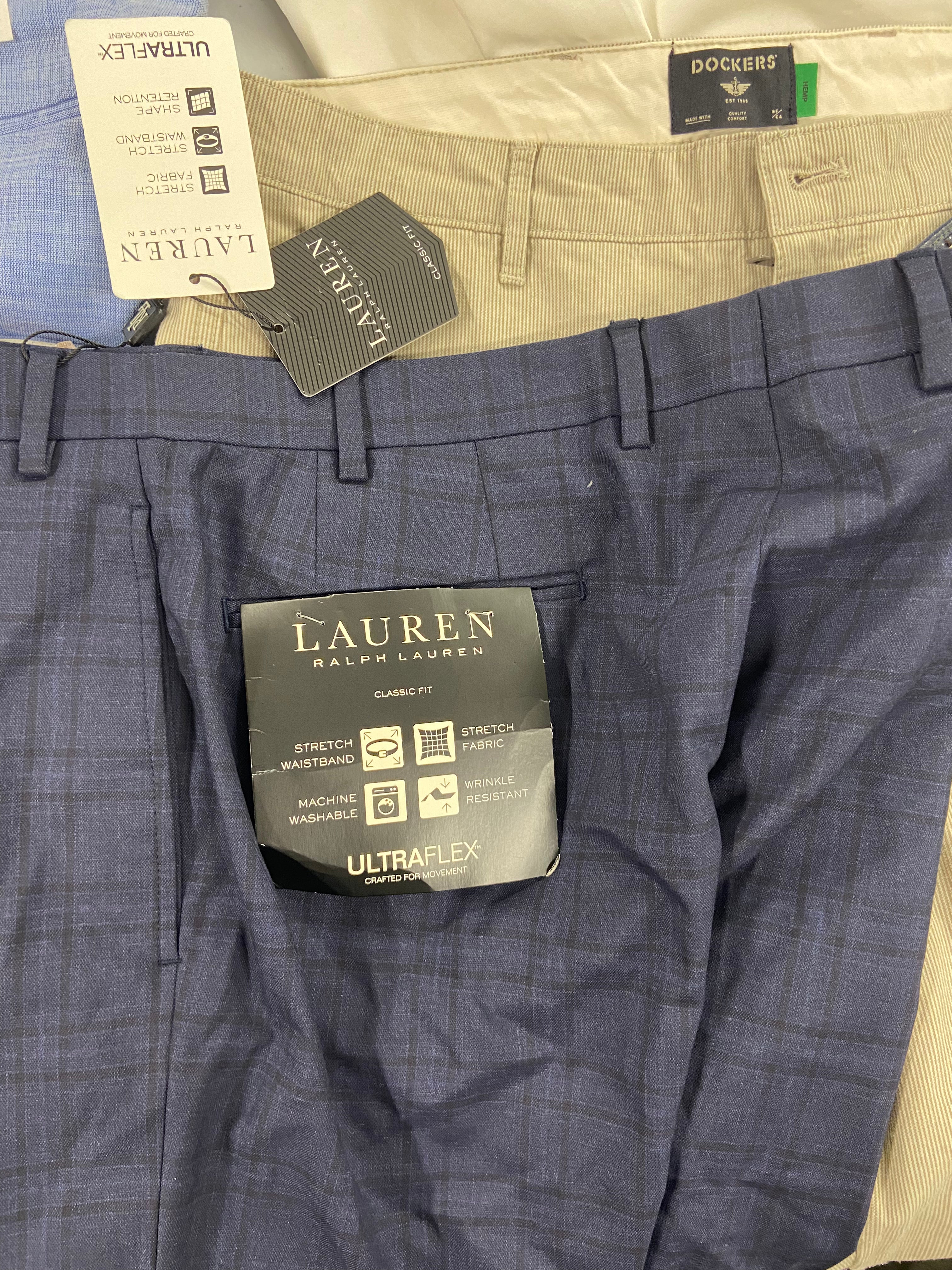 Men's Clothing Dress Pants and Others, Wholesale Lot, LAUREN RALPH LAUREN, MICHAEL KORS, DOCKERS, PERRY ELLIS, Bar III and more, 12 items, Shelf Pulls, MSRP $1,362