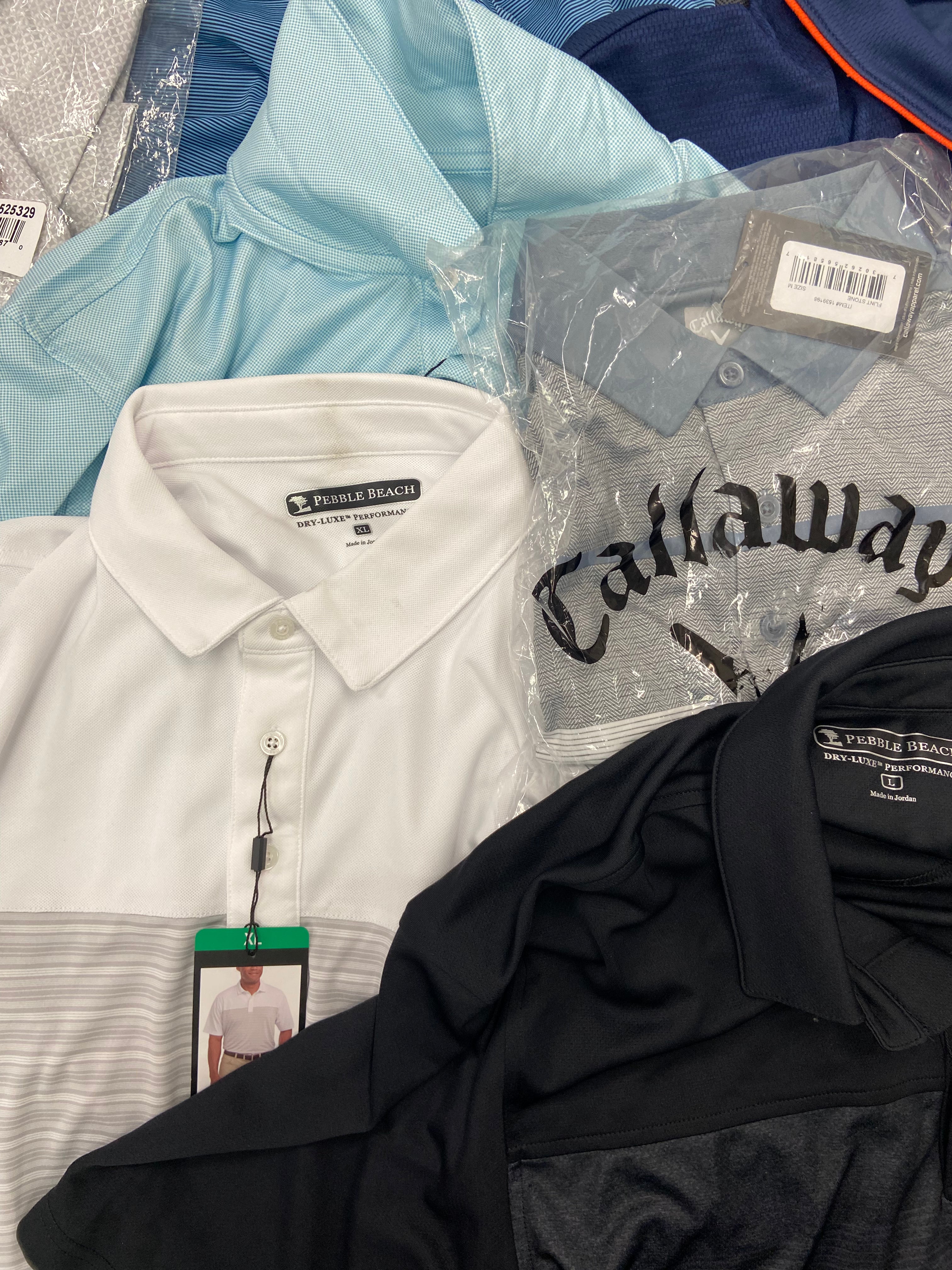 Men's Clothing Golf Polo Shirts & Other Tops Wholesale Lot, CALLAWAY, GREG NORMAN, BOLLE, PEBBLE BEACH, MONDETTA and more, 16 items, Shelf Pulls, MSRP $652