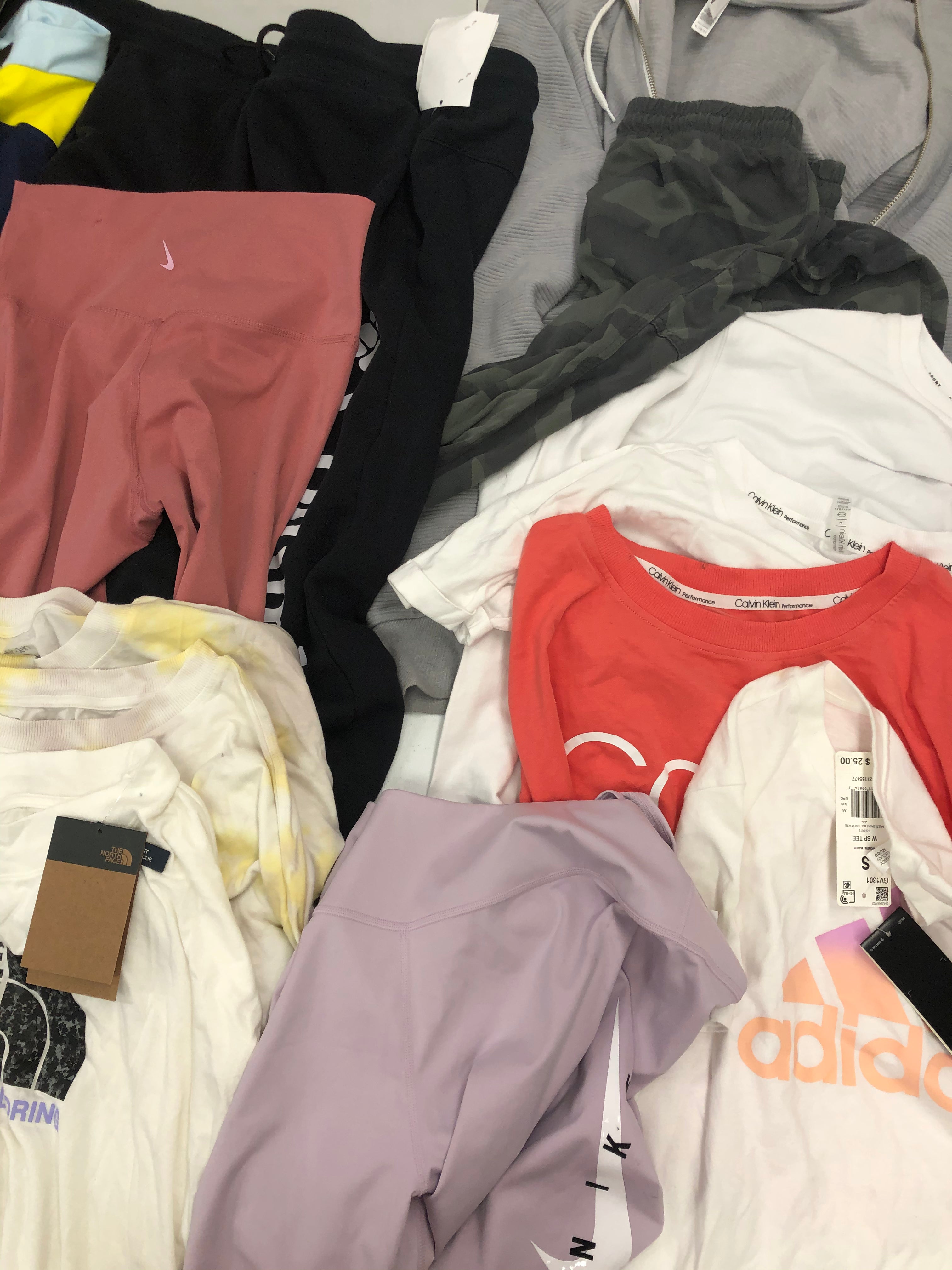 Women's Clothings Activewear Wholesale Lot, CALVIN KLEIN, ADIDAS, DKNY, NIKE, THE NORTH FACE, AMERICAN APPAREL, SPLENDID, COLUMBIA and more, 13 items, CUSTOMER RETURNS