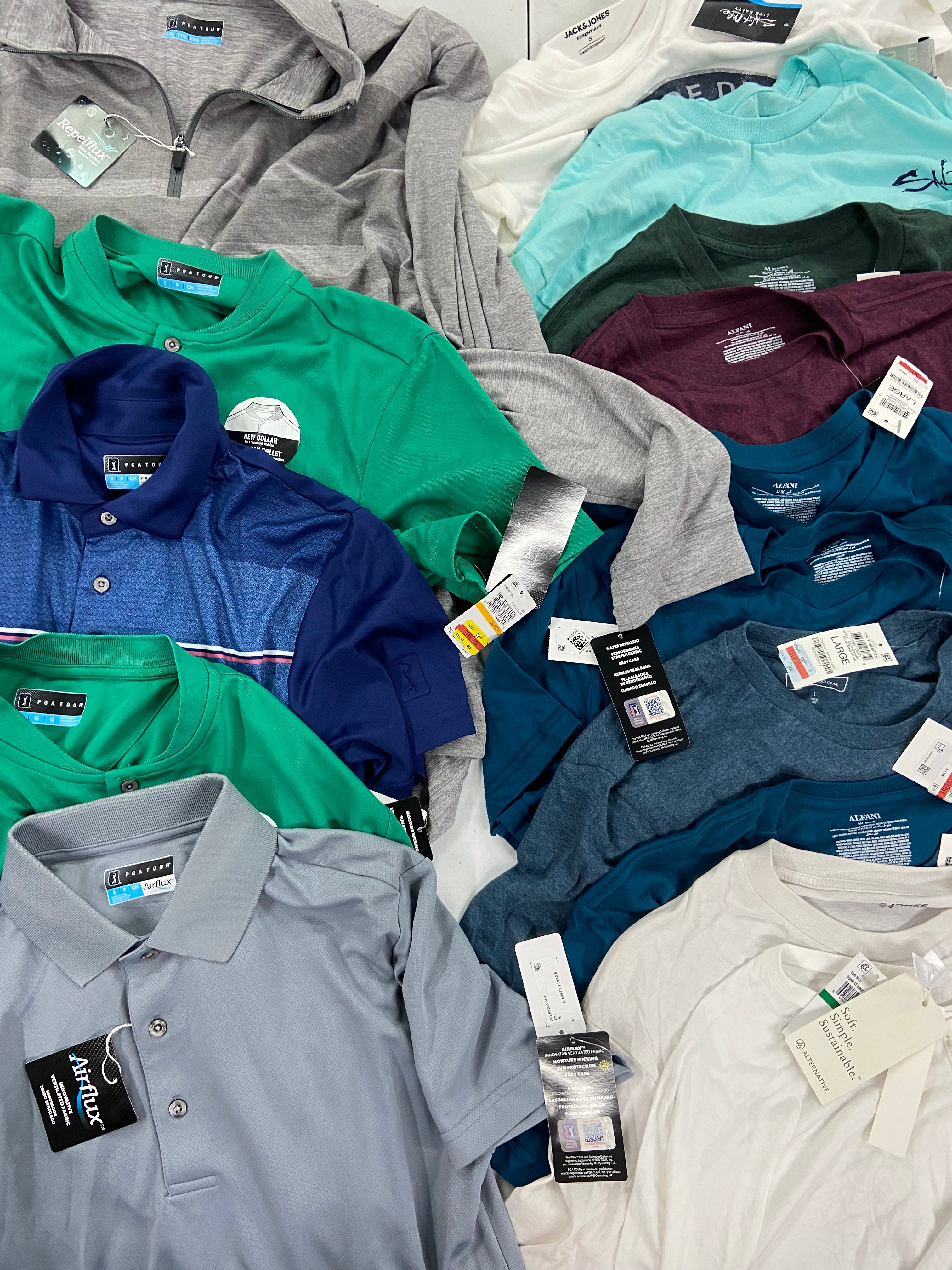 Men's Clothing Golf Shirts & Other Tops, Wholesale Lot, PGA TOUR, JACK JONES, ALTERNATIVE, CLUBROOM, and more, 15 items, Shelf Pulls, MSRP $495