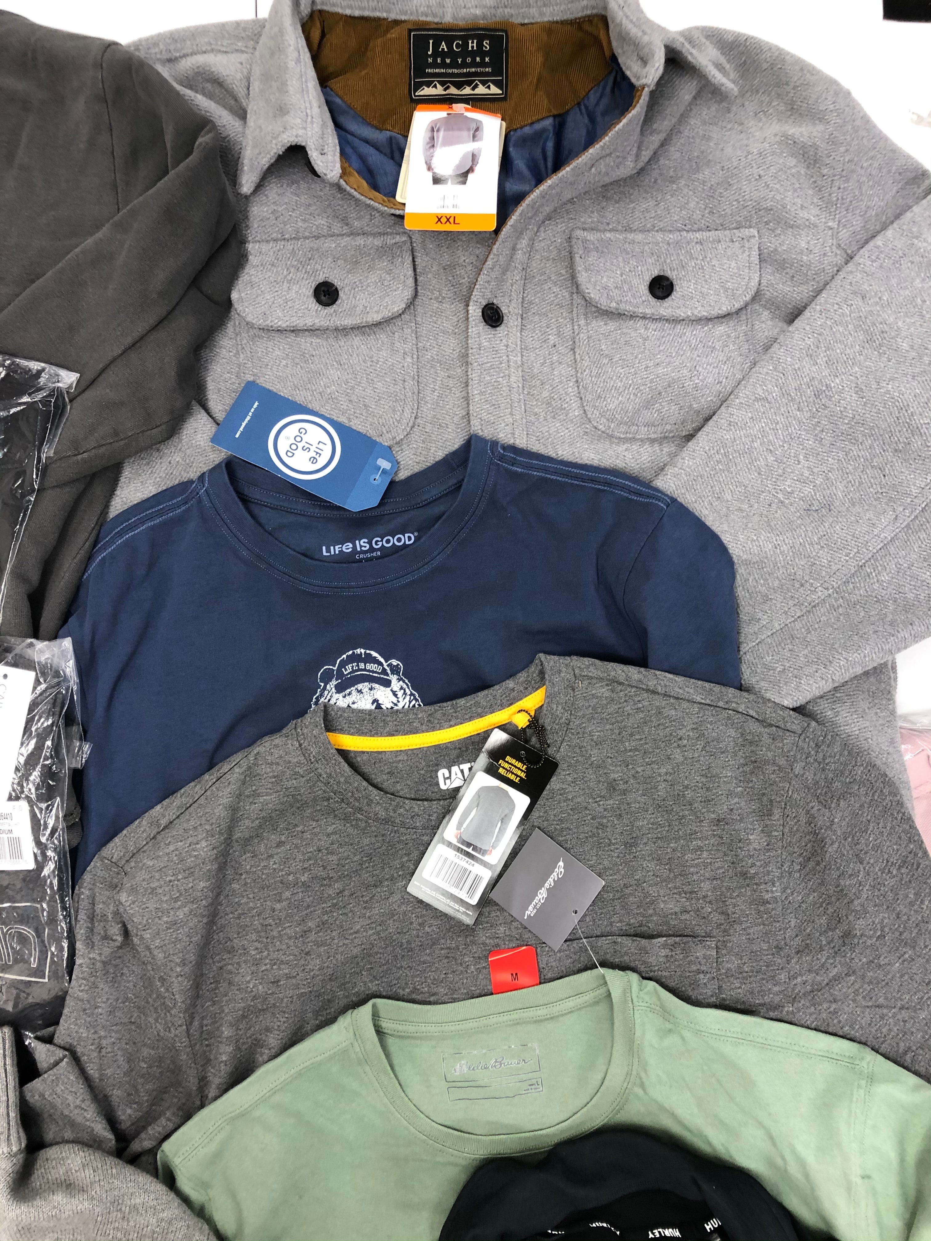 Men's Clothing Tops Wholesale Lot, EDDIE BAUER, CALVIN KLEIN, HURLEY, WEATHERPROOF and more, 16 items, Shelf Pulls, MSRP $678