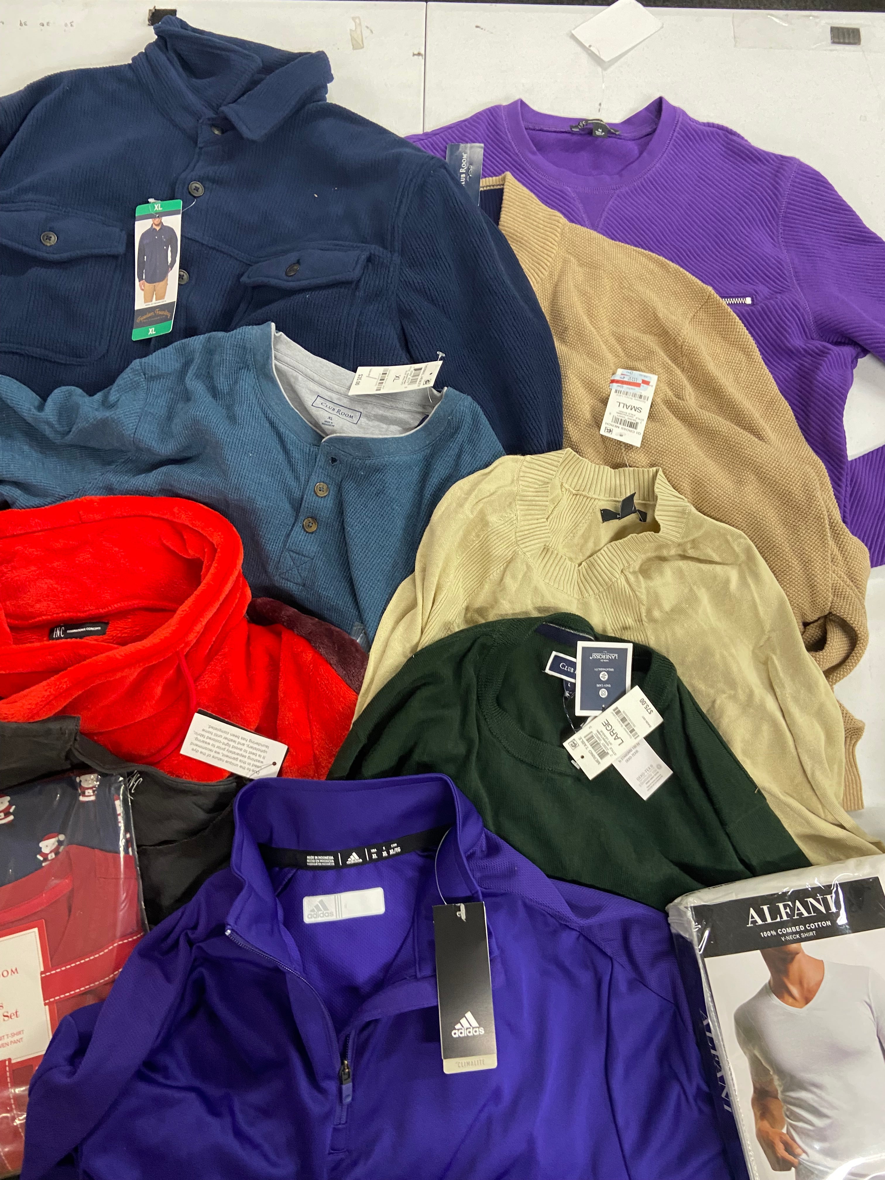 Men's Clothing Tops Wholesale Lot, ADIDAS, ALFANI, CLUB ROOM, FREEDOM FOUNDRY and more, 11 items, Shelf Pulls, MSRP $528