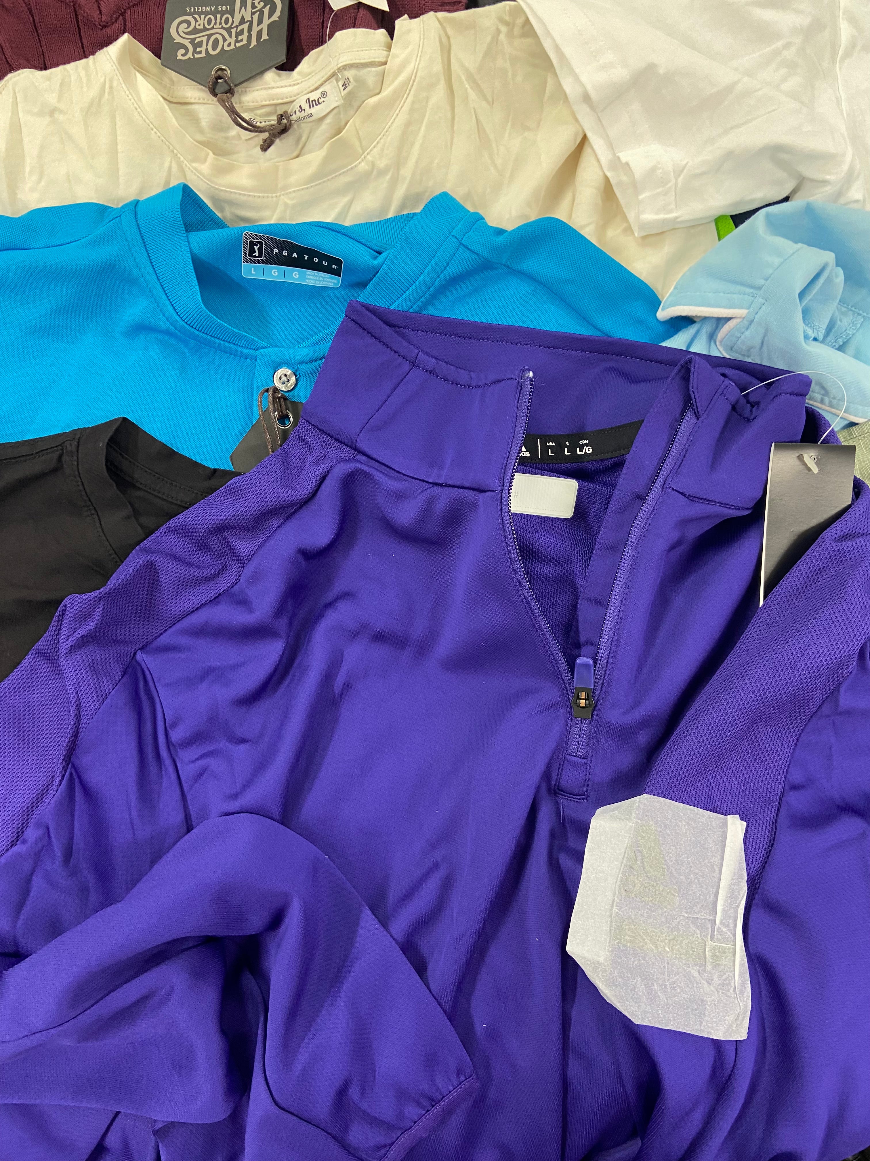 Men's Clothing Golf Shirts & Others Wholesale Lot, ADIDAS, NORTH FACE, PGA TOUR, BASS OUTDOOR, CLUBROOM and more, 17 items, Shelf Pulls, MSRP $808