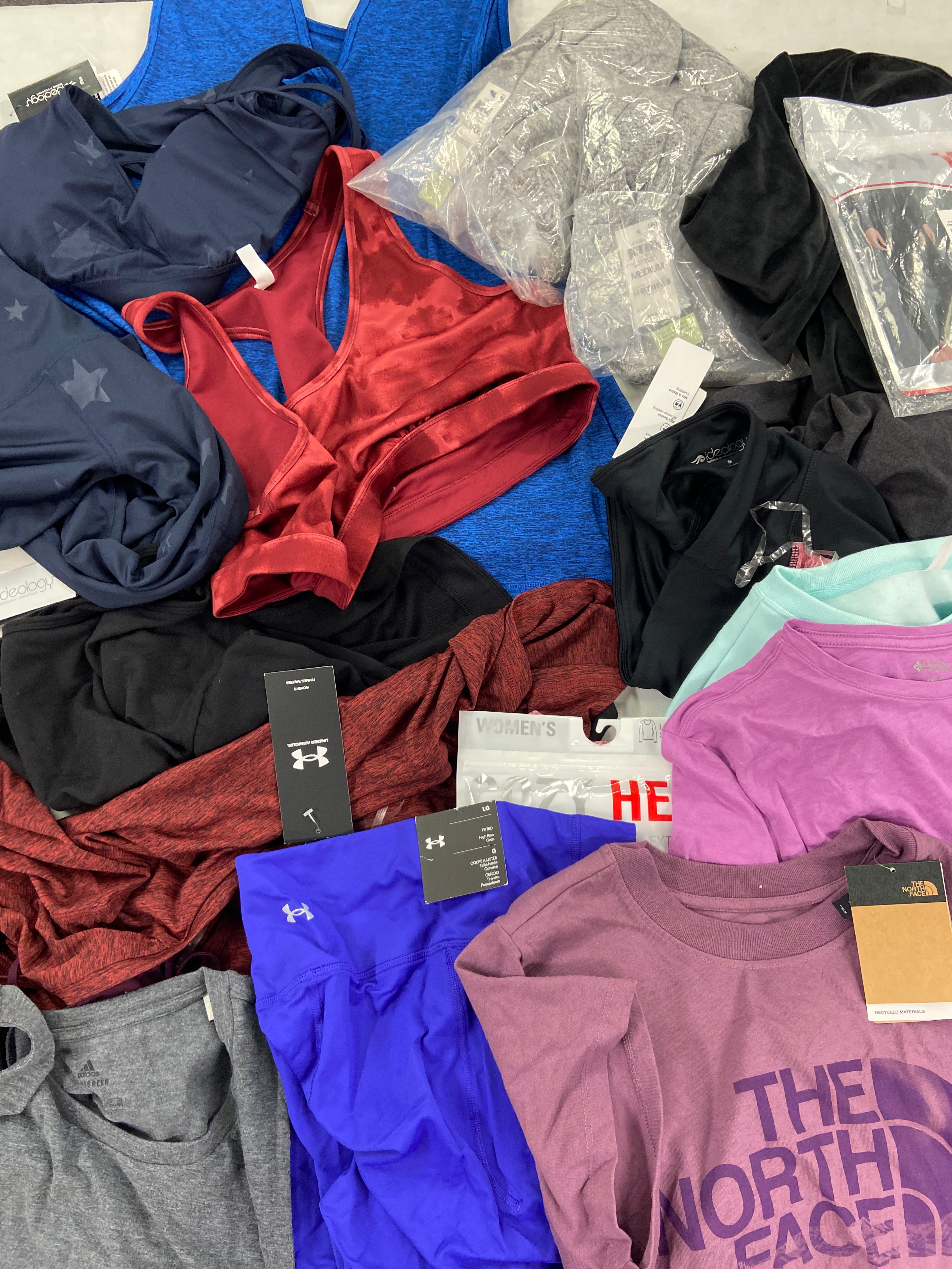 Women's Clothing Activewear Wholesale Lot, THE NORTH FACE, UNDER ARMOUR, ADIDAS, COLUMBIA, IDEOLOGY and more, 20 items, Shelf Pulls, MSRP $571