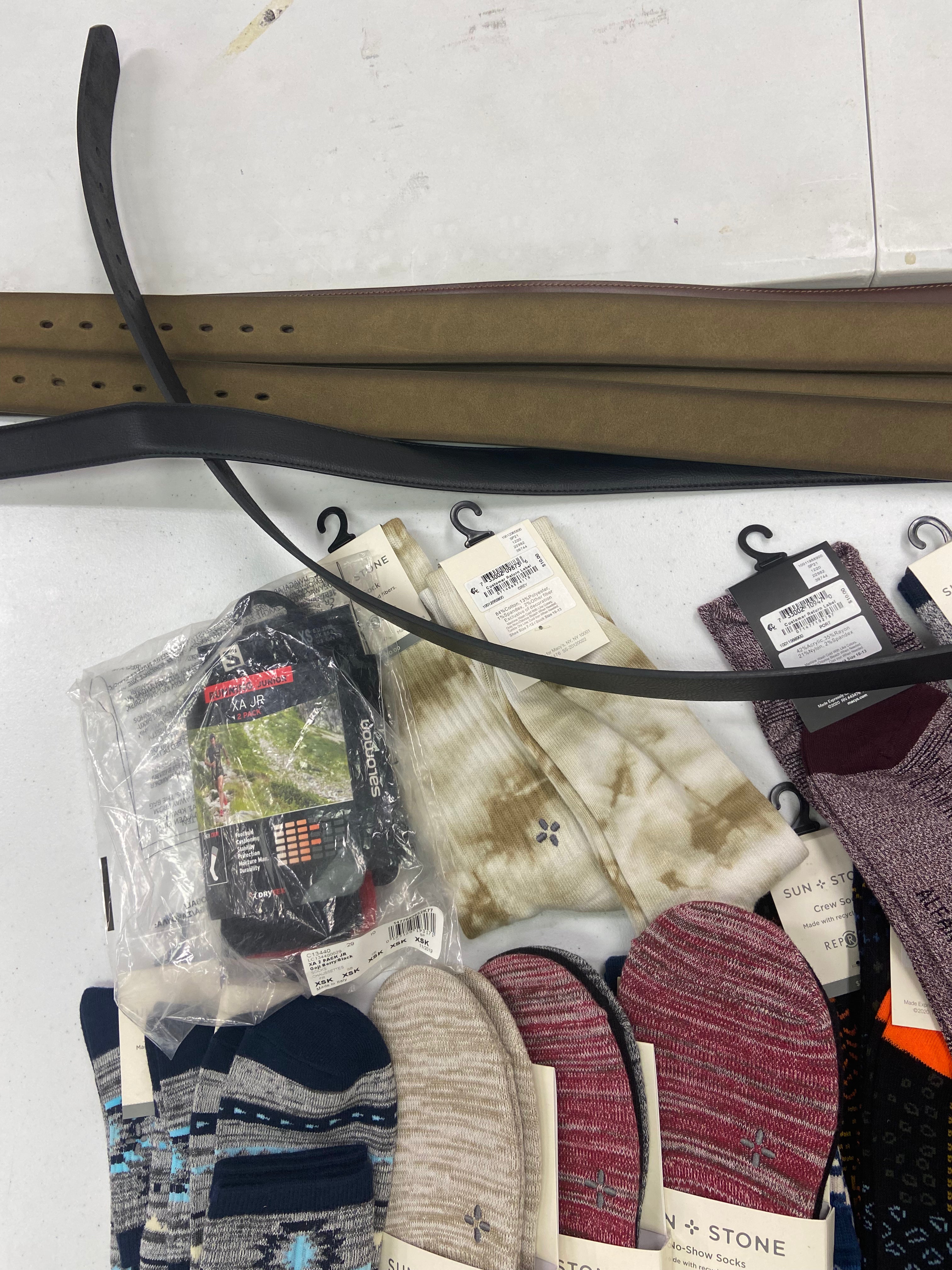Men's Socks & Belts Wholesale Lot, CLUB ROOM, SUN + STONE and more, 34 items, Shelf Pulls, MSRP $592