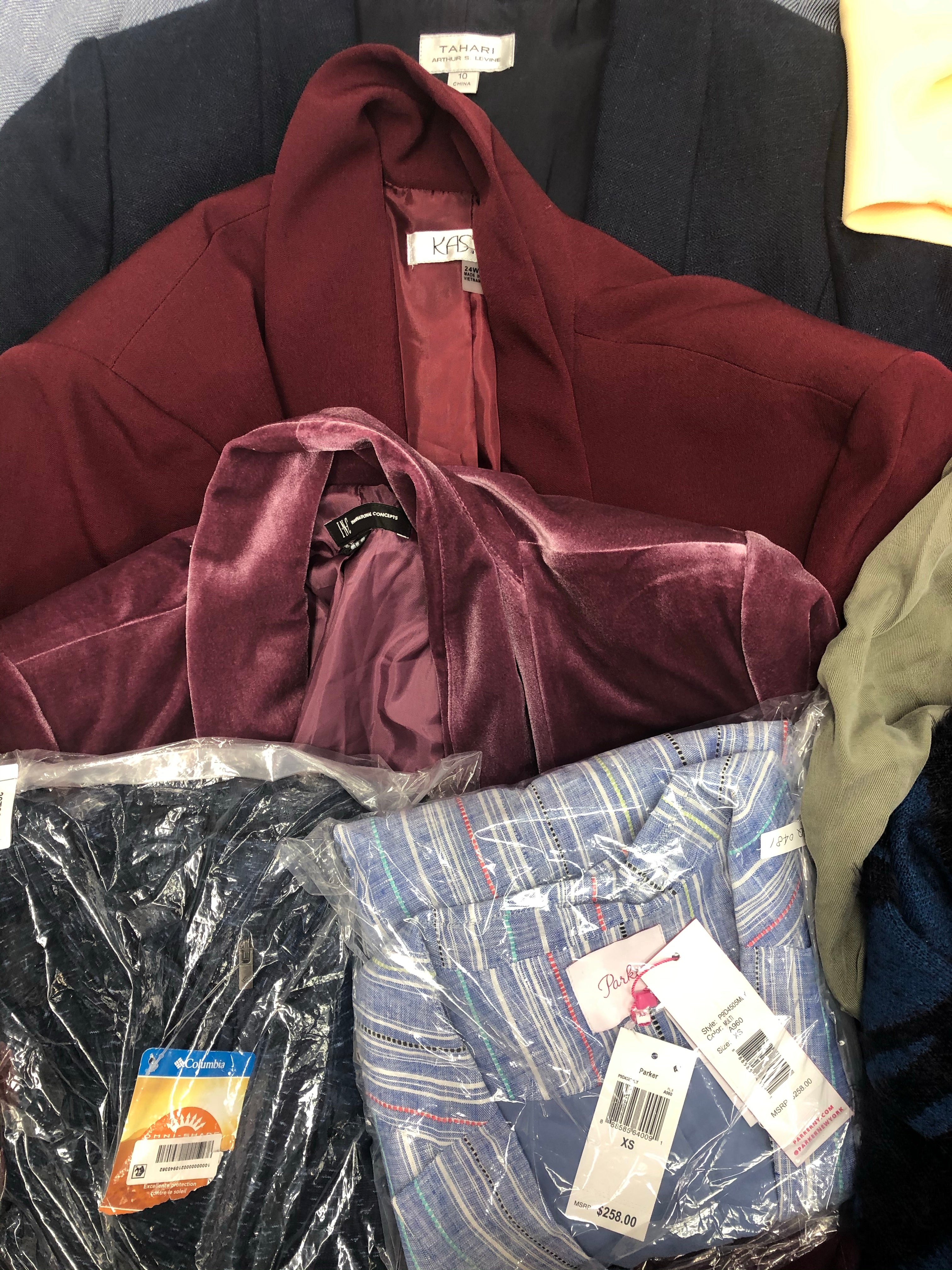 Women's Clothing Jacket Wholesale Lot, DKNY, Calvin Klein, Columbia, Tahari, Kasper, Alfani and more, 15 Units, Shelf Pulls, MSRP $1405.47