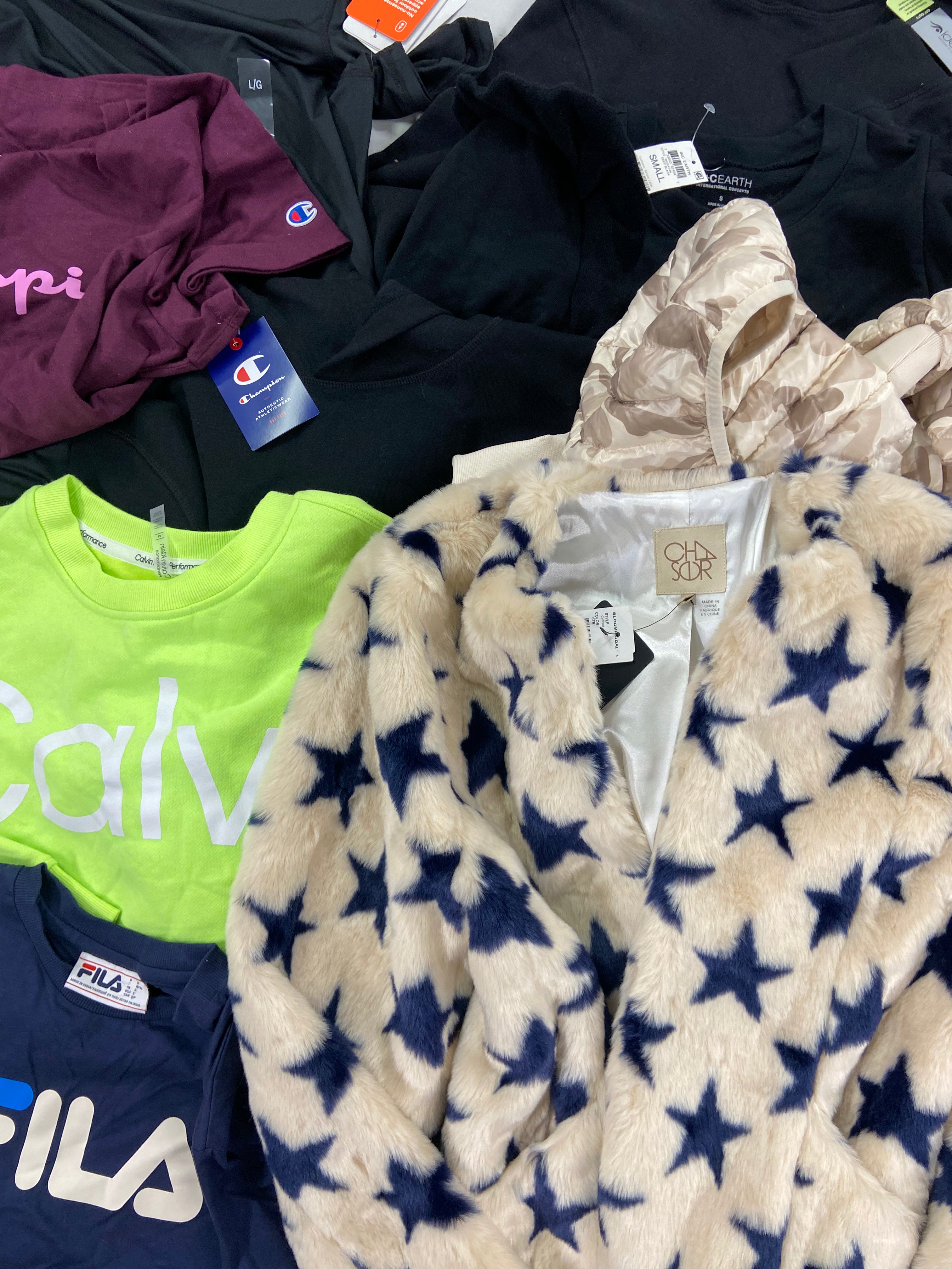 Women's Clothing Assorted Wholesale Lot, CALVIN KLIEN, FILA, CHAMPION, WEATHERPROOF, CHASER, BASS OUTDOOR and more, 11 items, Shelf Pulls, MSRP $536