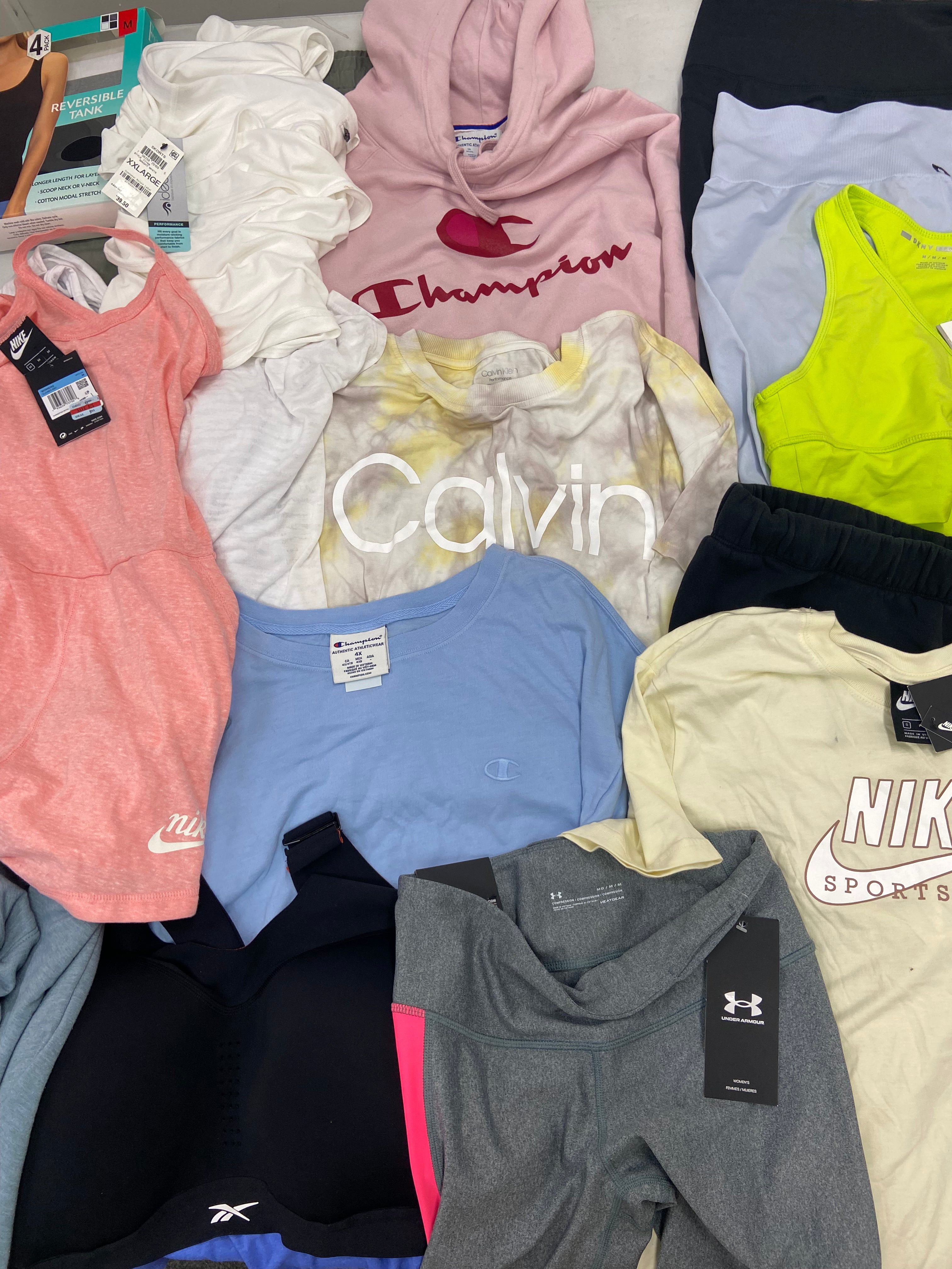 Women's Clothings Activewear Wholesale Lot, NIKE, CALVIN KLEIN, DKNY, UNDER ARMOUR, CHAMPION, REEBOK, IDEOLOGY, DANSKIN and more, 16 items, CUSTOMER RETURNS