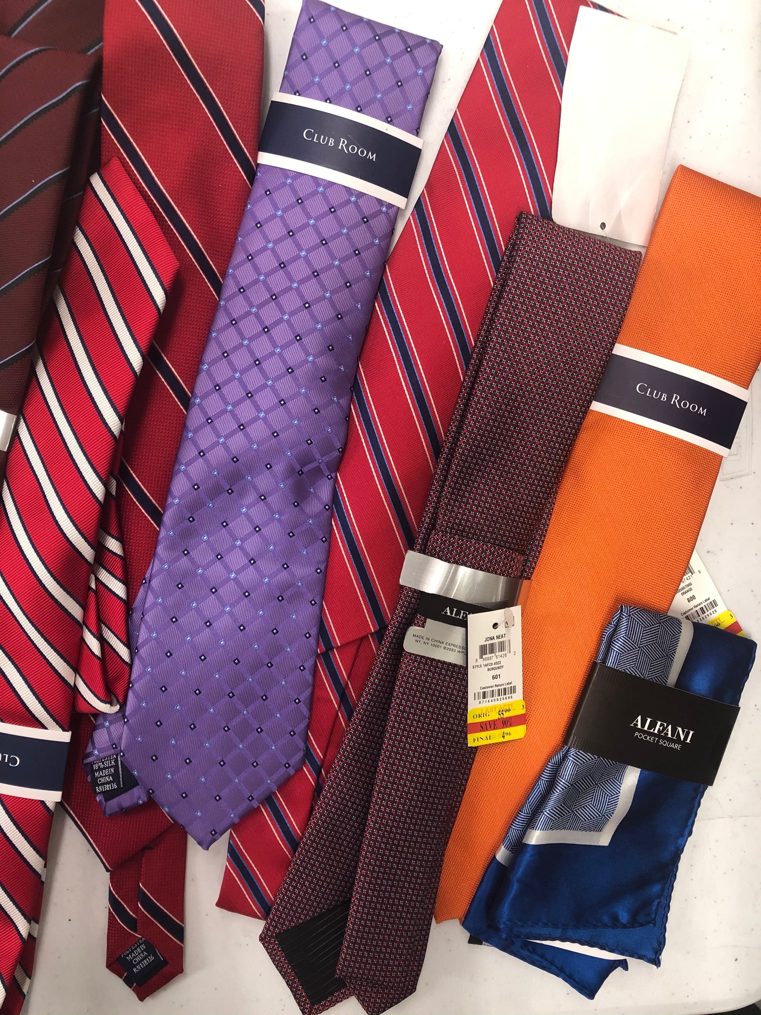 Men's Neckties & Others Wholesale Lot, TOMMY HILFIGER, CLUBROOM and more, 24 items, Shelf Pulls, MSRP $1,354