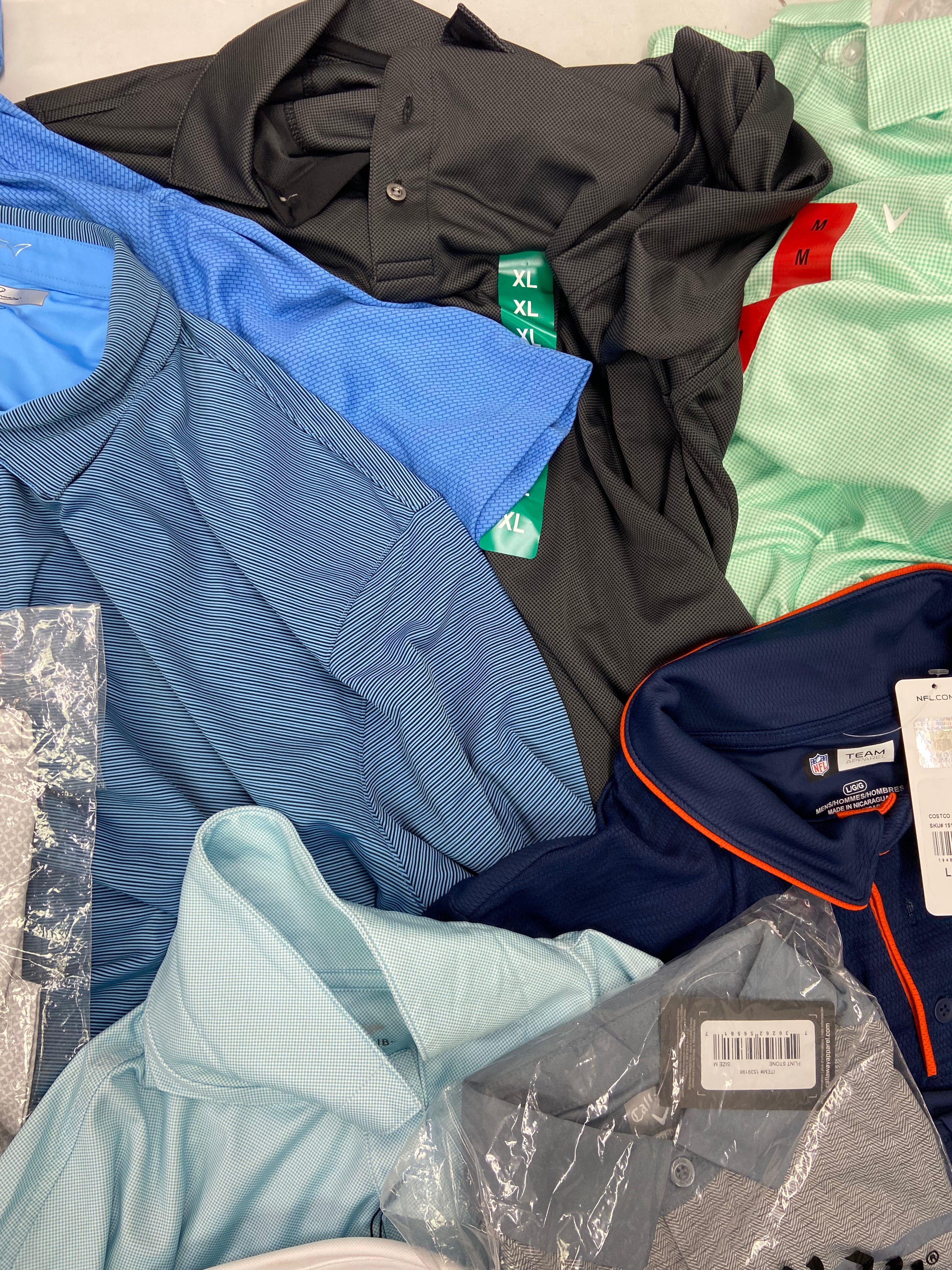 Men's Clothing Golf Polo Shirts & Other Tops Wholesale Lot, CALLAWAY, GREG NORMAN, BOLLE, PEBBLE BEACH, MONDETTA and more, 16 items, Shelf Pulls, MSRP $652