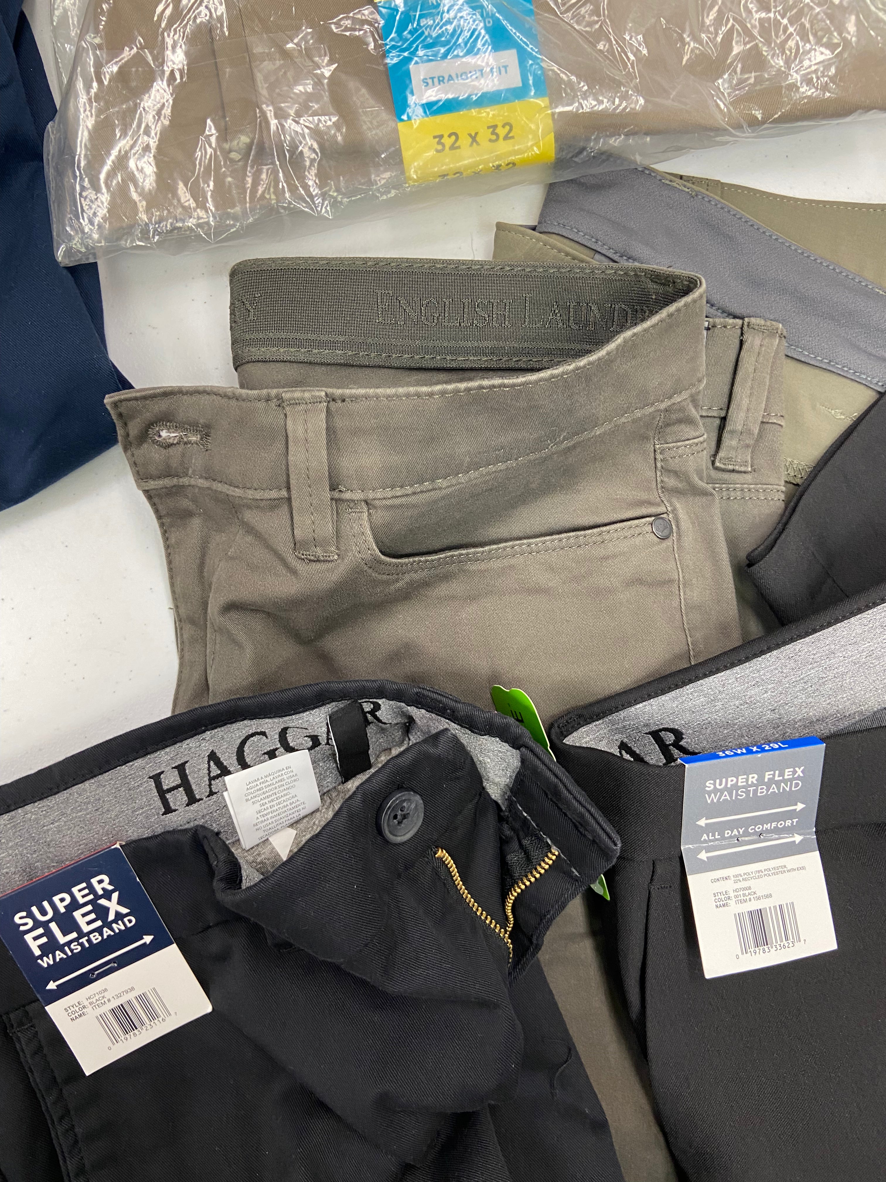 Men's Clothing Pants & Jeans Wholesale Lot, EDDIE BAUER, HAGGAR, WEATHERPROOF, ENGLISH LAUNDRY and more, 13 items, Shelf Pulls, MSRP $798