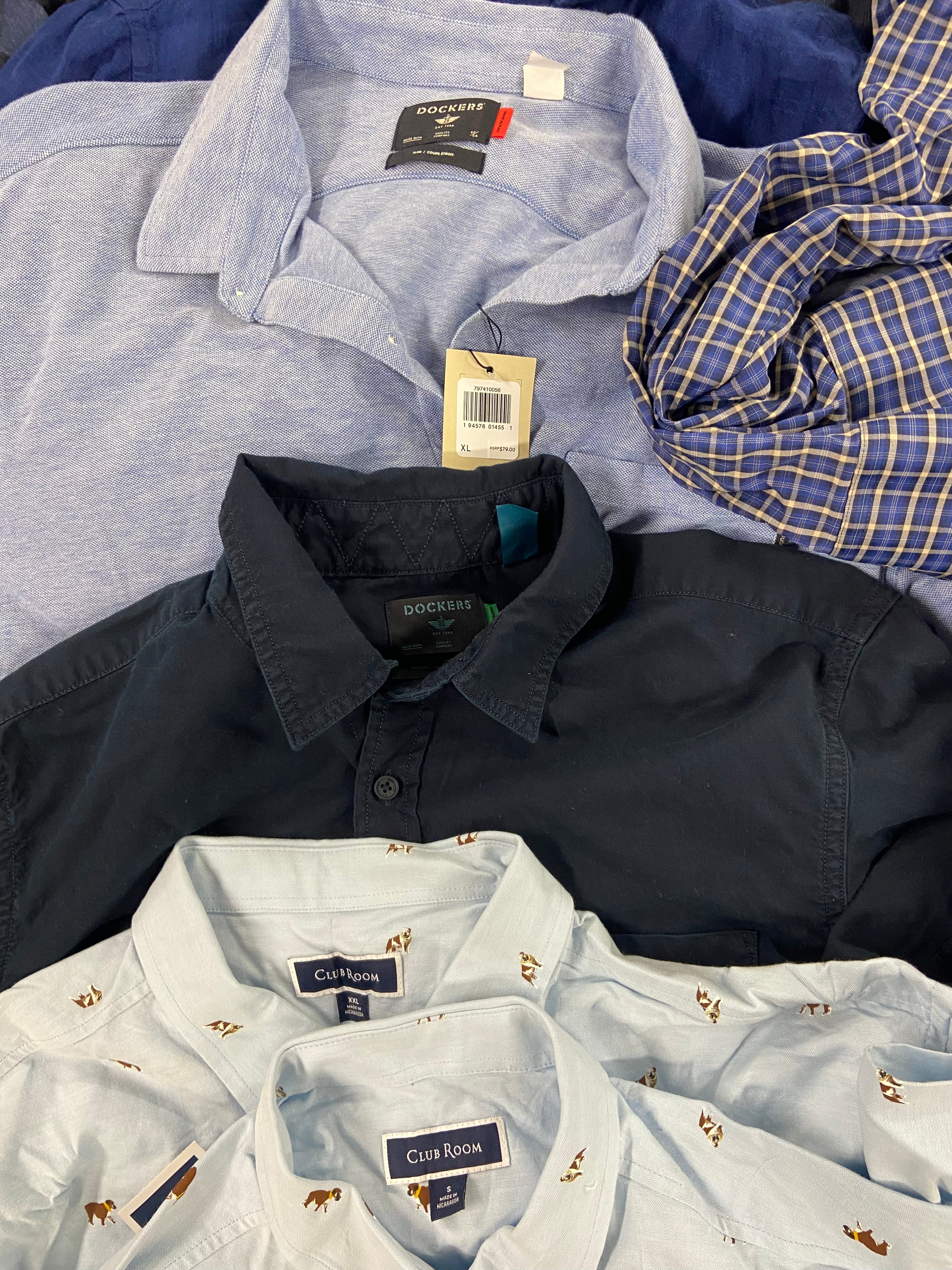 Men's Clothing Button Down Shirts Wholesale Lot, CALVIN KLEIN, DOCKERS, MAGASCHON, TASSO ELBA, CLUB ROOM, 16 items, Shelf Pulls, MSRP $1,027
