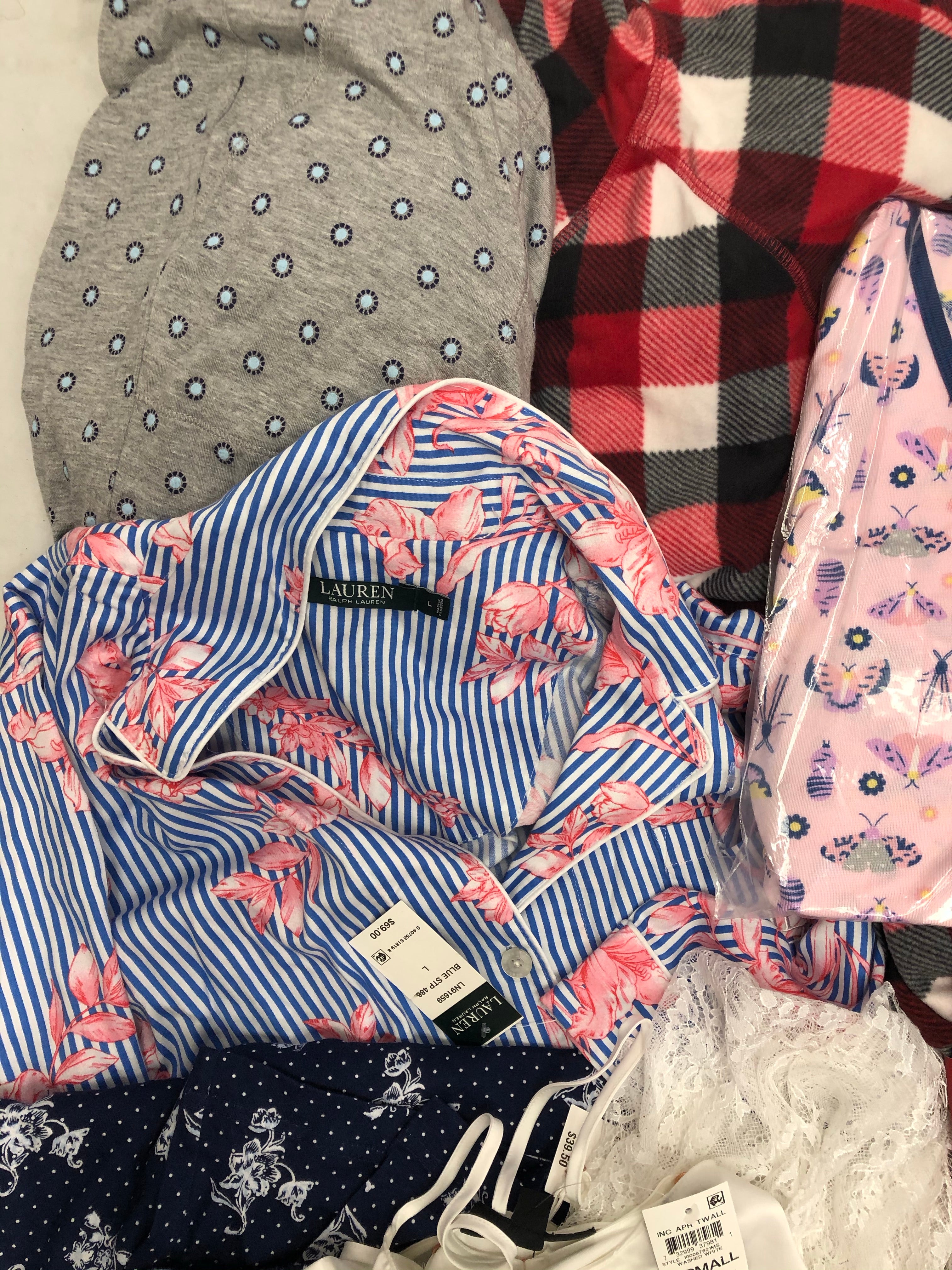 Women's Clothing Pajama Wholesale Lot, Lauren Ralph Lauren, Tommy Hilfiger, Charter Club, Family Pajamas, Muk Luks, Hanes and more, 14 Units, Shelf Pulls, MSRP $658.98