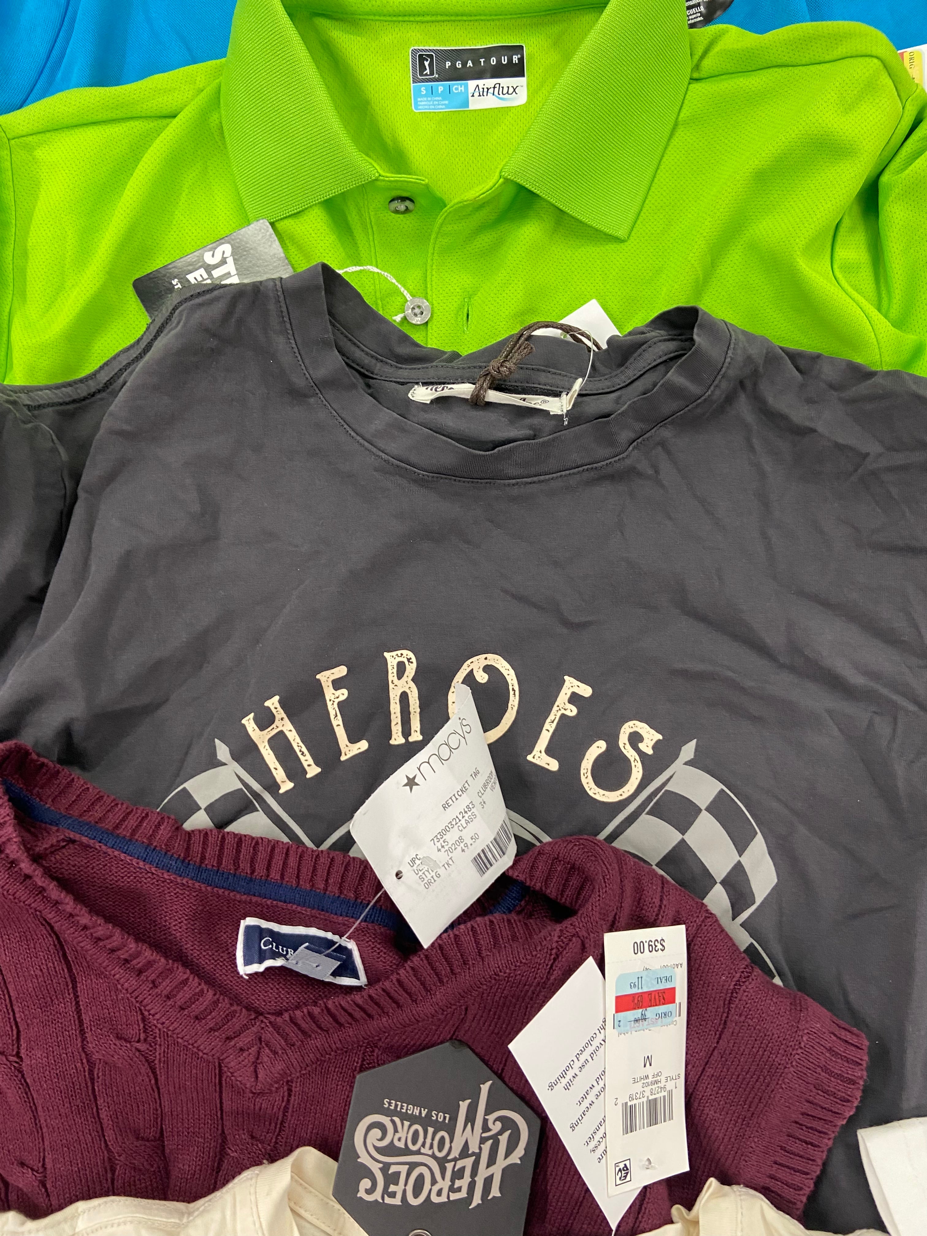 Men's Clothing Golf Shirts & Others Wholesale Lot, ADIDAS, NORTH FACE, PGA TOUR, BASS OUTDOOR, CLUBROOM and more, 17 items, Shelf Pulls, MSRP $808