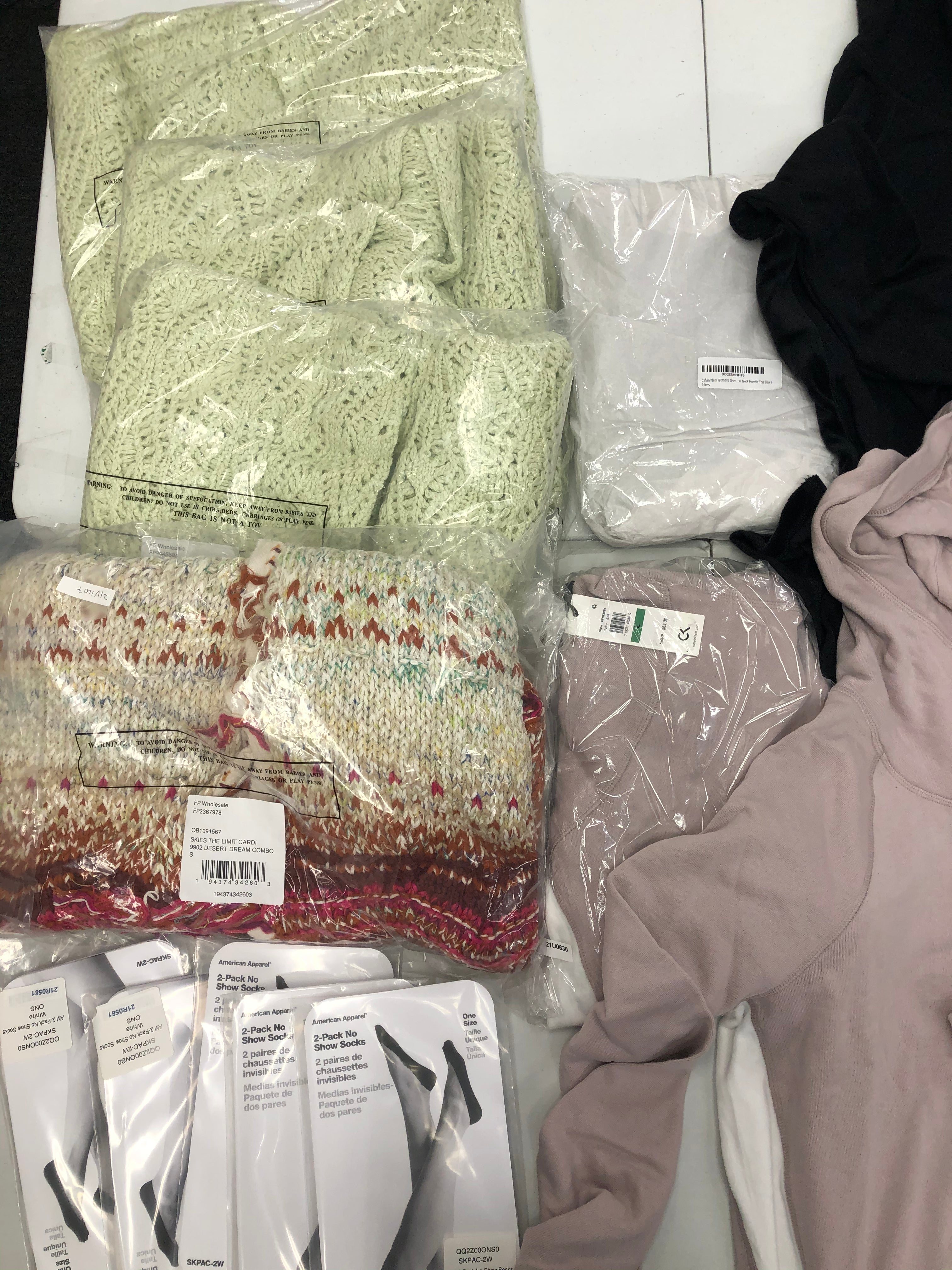 Women's Clothing Cardigans, Tops, Socks Wholesale Lot, CALVIN KLEIN, FREE PEOPLE, AMERICAN APPAREL, 13 items, Shelf Pulls, MSRP $1,168