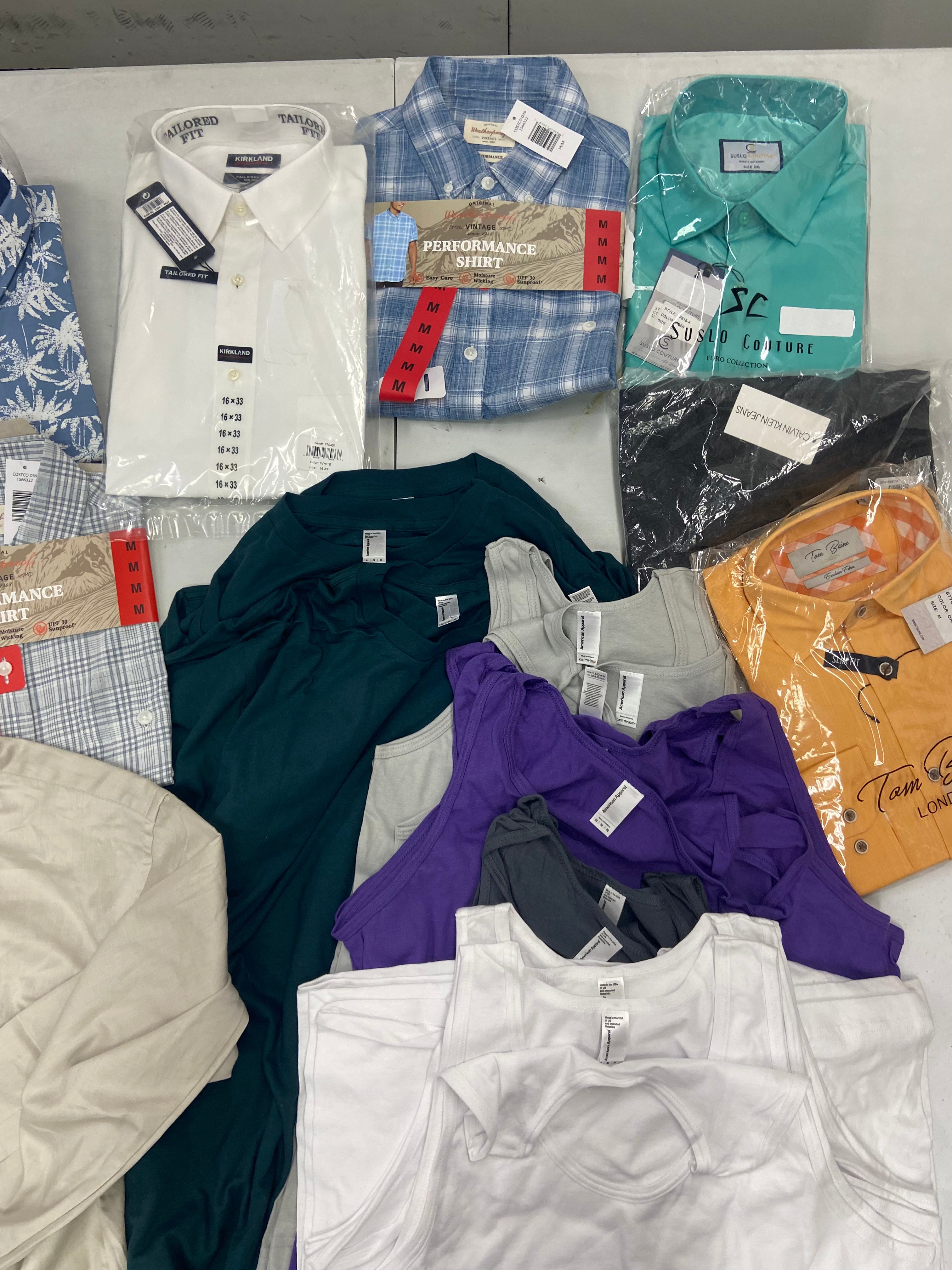 Men's Clothing Button Down Shirts, T-shirts and Other Tops, Wholesale Lot, CALVIN KLEIN, WEATHERPROOF, JACHS, Van Heusen, Suslo Couture and more, 29 items, Shelf Pulls, MSRP $693