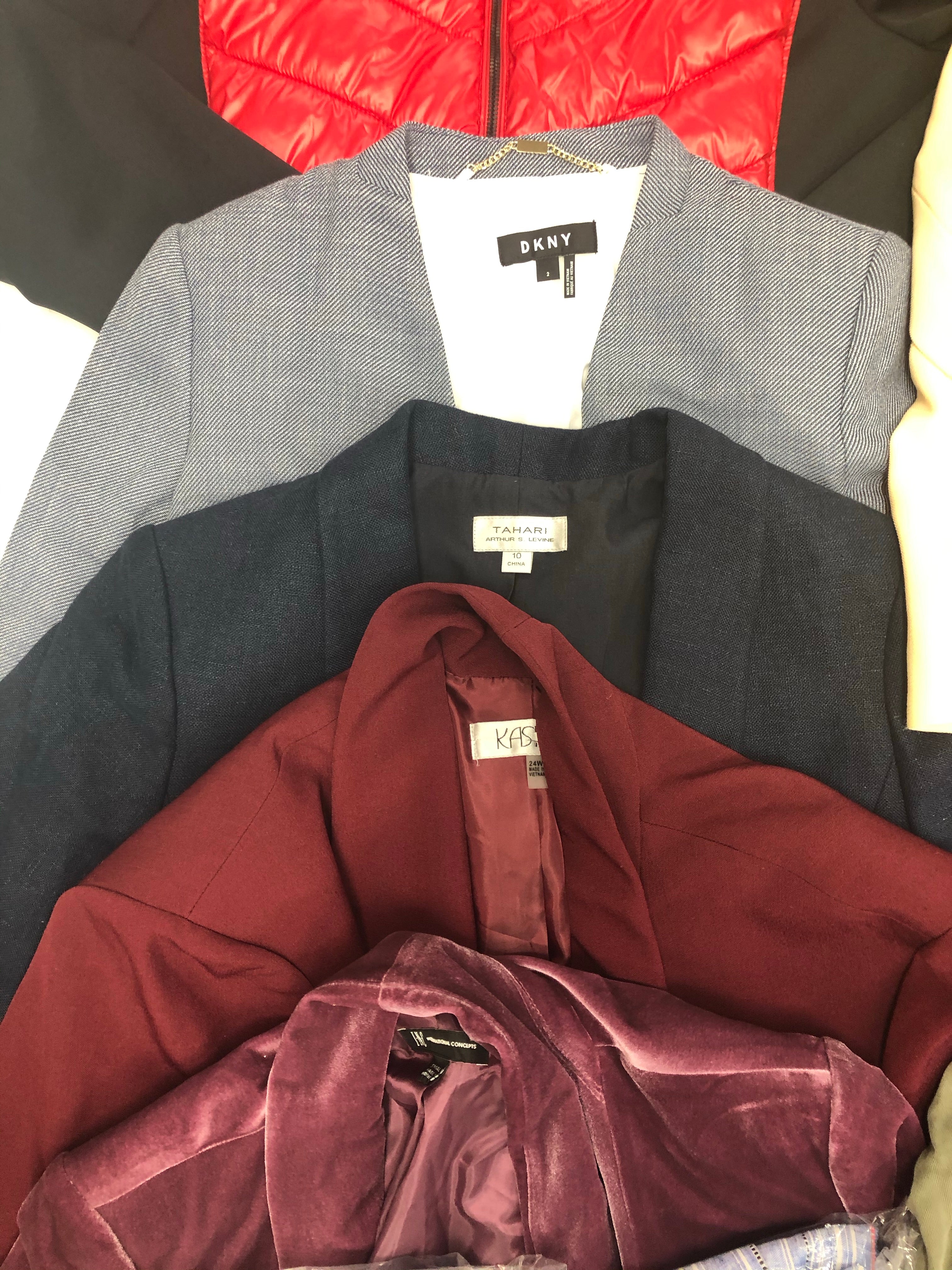 Women's Clothing Jacket Wholesale Lot, DKNY, Calvin Klein, Columbia, Tahari, Kasper, Alfani and more, 15 Units, Shelf Pulls, MSRP $1405.47
