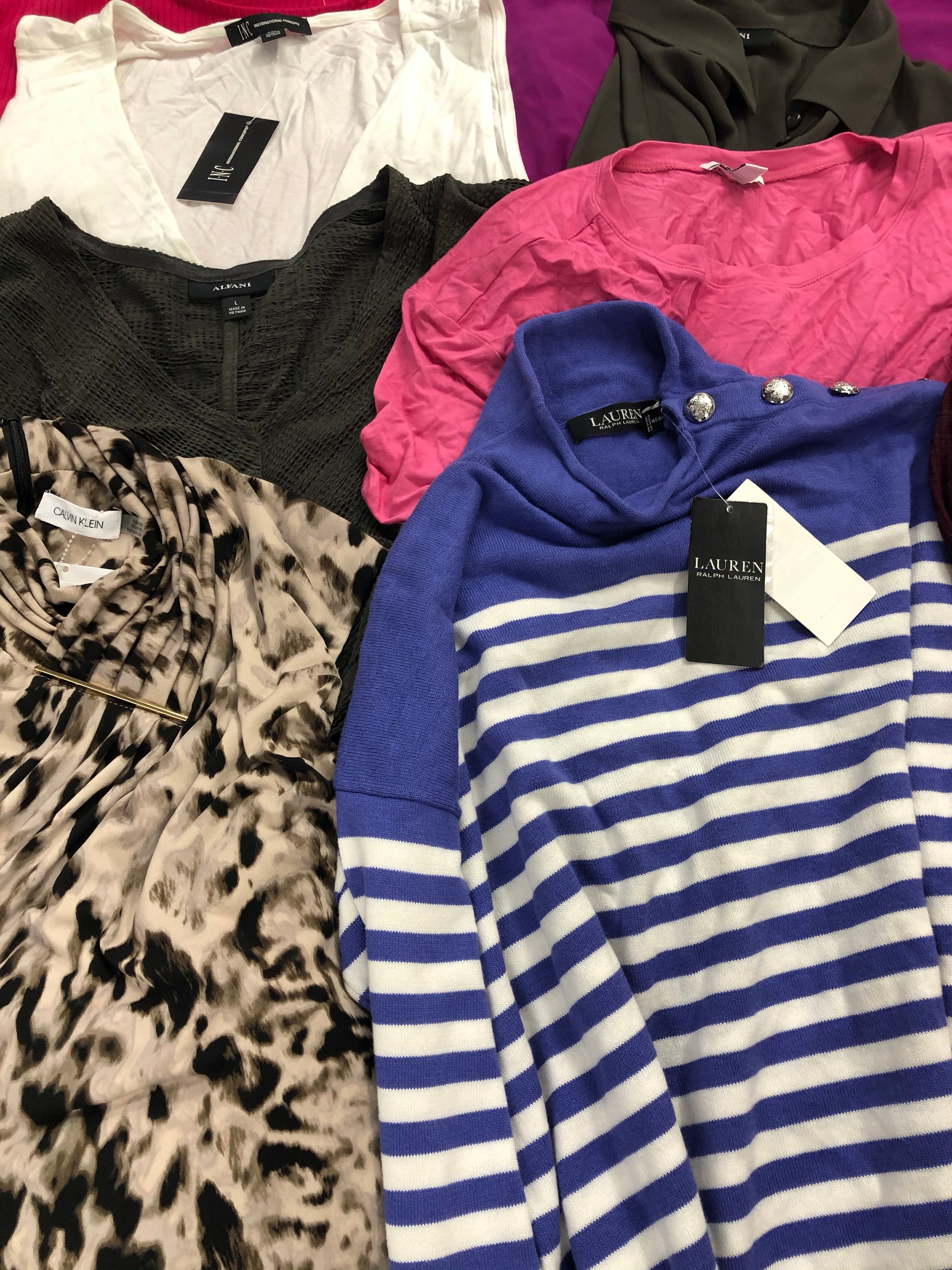 Women's Clothing Tops Wholesale Lot, LAUREN RALPH LAUREN, CALVIN KLEIN, FREE PEOPLE, ALFANI and more, 18 items, Shelf Pulls, MSRP $1,153