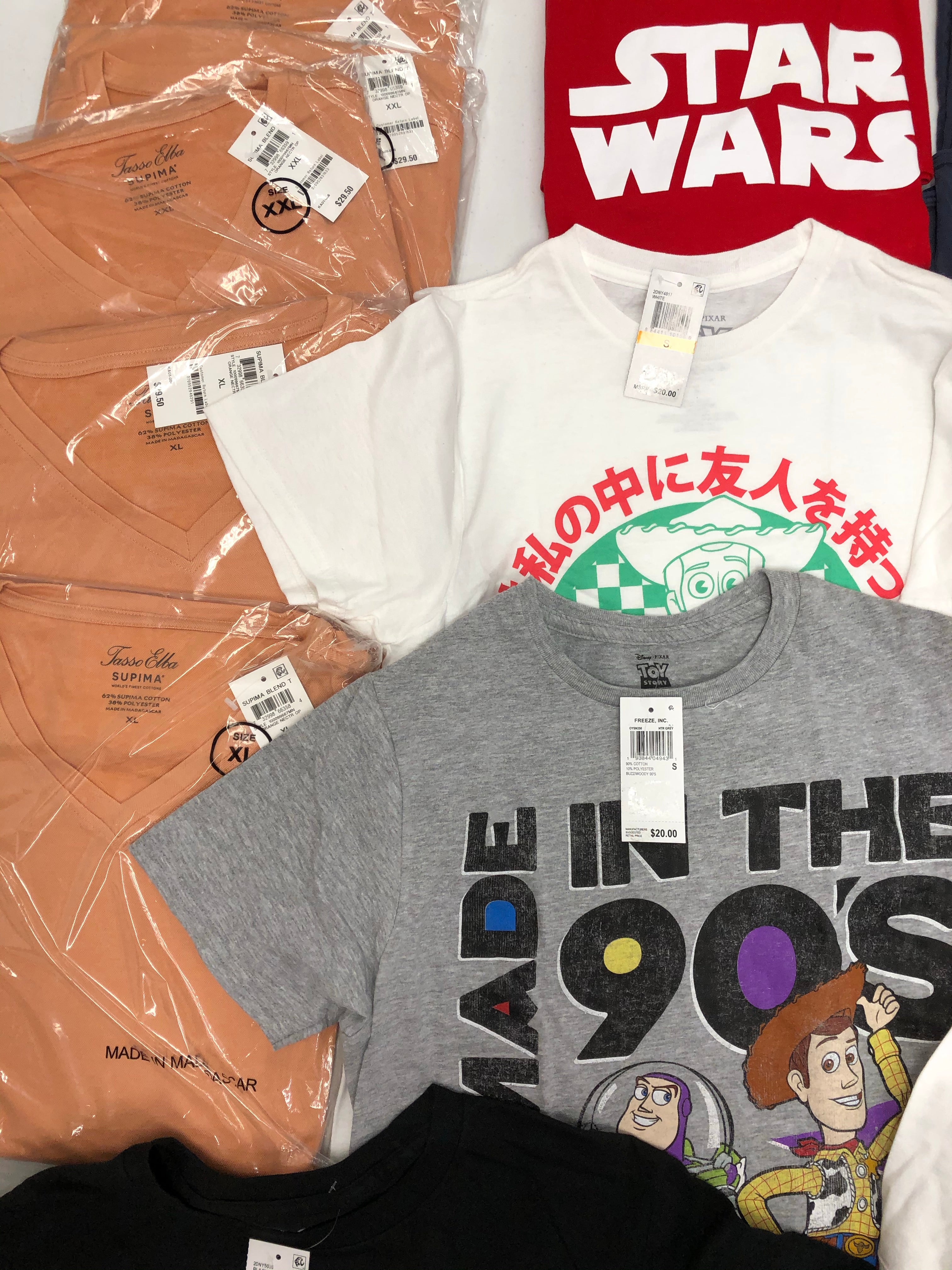 Men's Clothing Tops, Character T-Shirts and more, Wholesale Lot, LEVI'S, CALVIN KLEIN, TASSO ELBA, DISNEY, AMERICAN APPAREL and more, 29 items, Shelf Pulls, MSRP $671