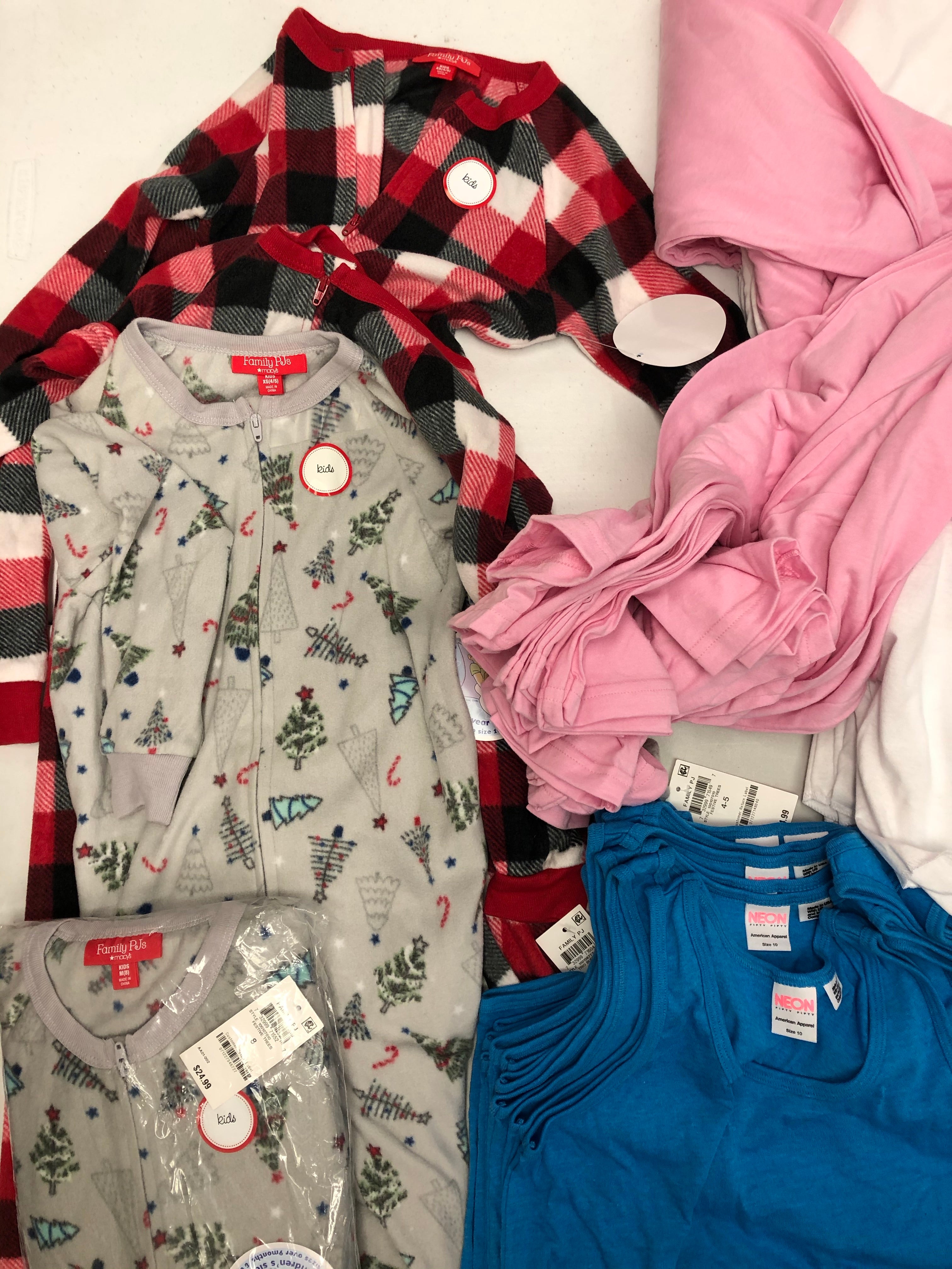 Kid's Clothing Wholesale Lot, UNDER ARMOUR, AMERICAN APPAREL, FAMILY PJS, 53 Items, Shelf Pulls, MSRP $1,120