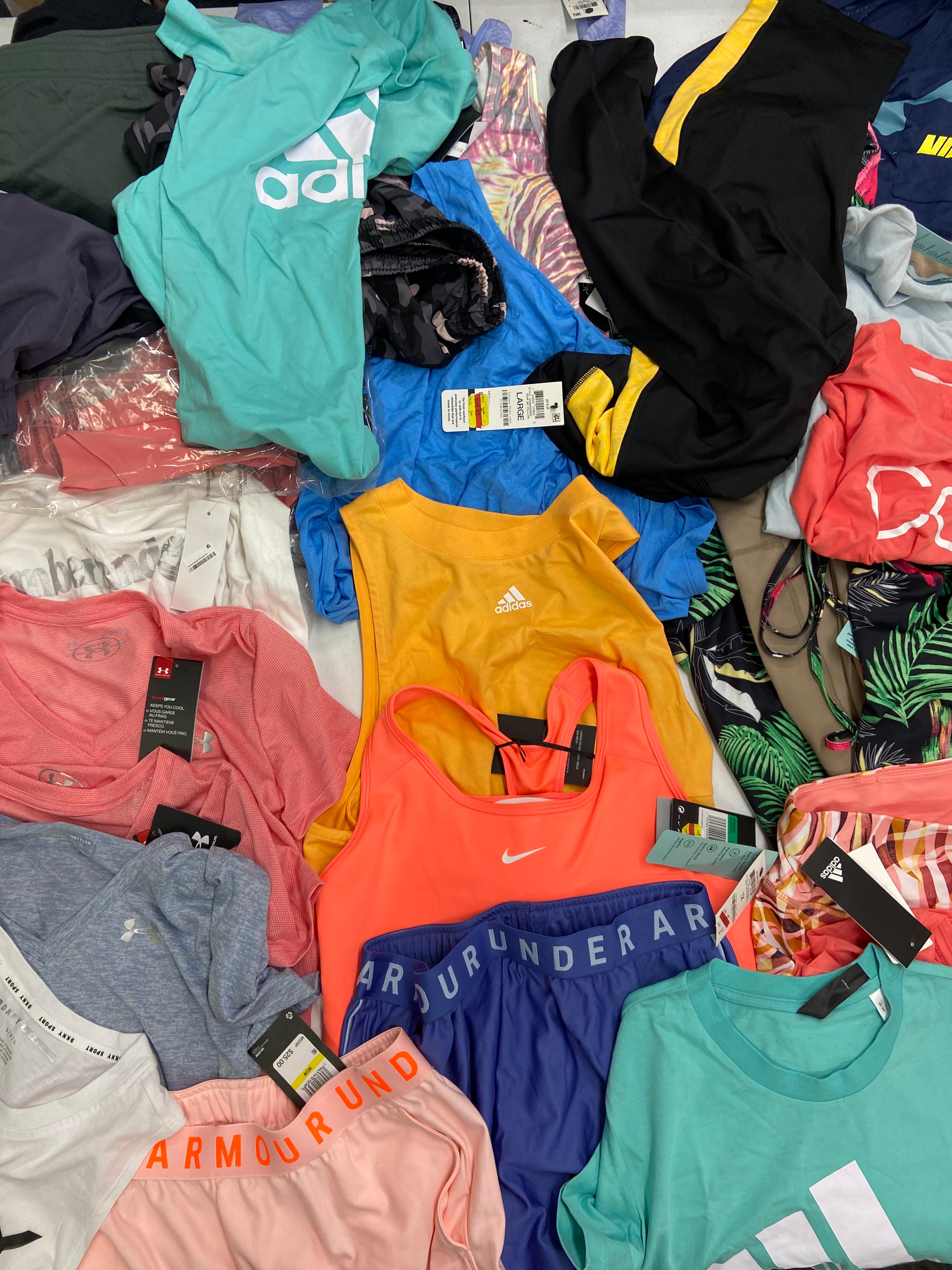 Women's Clothing Activewear Wholesale Lot, NIKE, TIMBERLAND, UNDER ARMOUR, ADIDAS, DKNY and more, 43 items, Shelf Pulls, MSRP $1,045