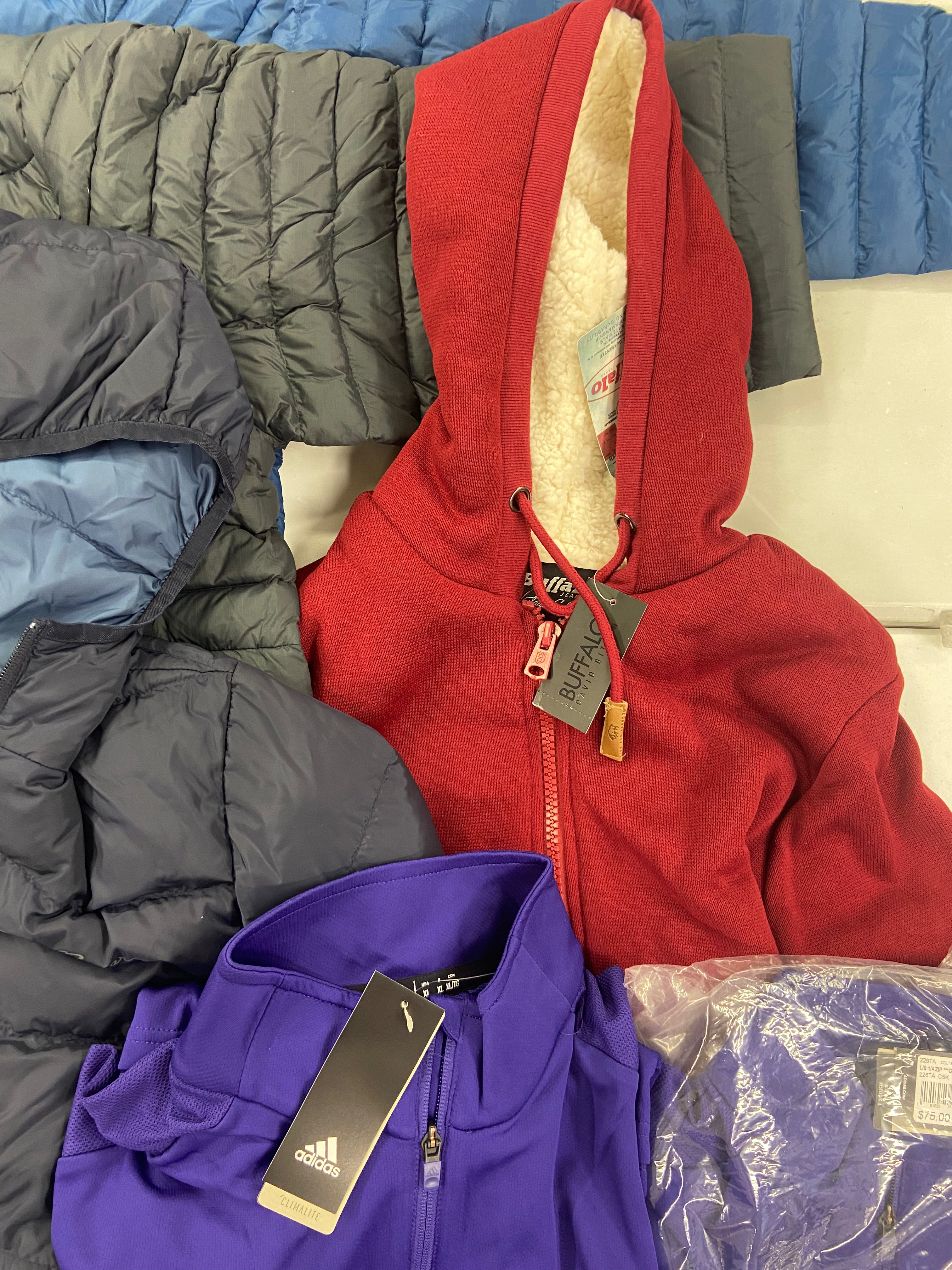 Men's Clothing Outerwear Wholesale Lot, ADIDAS, EDDIE BAUER, BUFFALO JEANS, MOUNTAIN HARDWEAR and more, 7 items, Shelf Pulls, MSRP $957