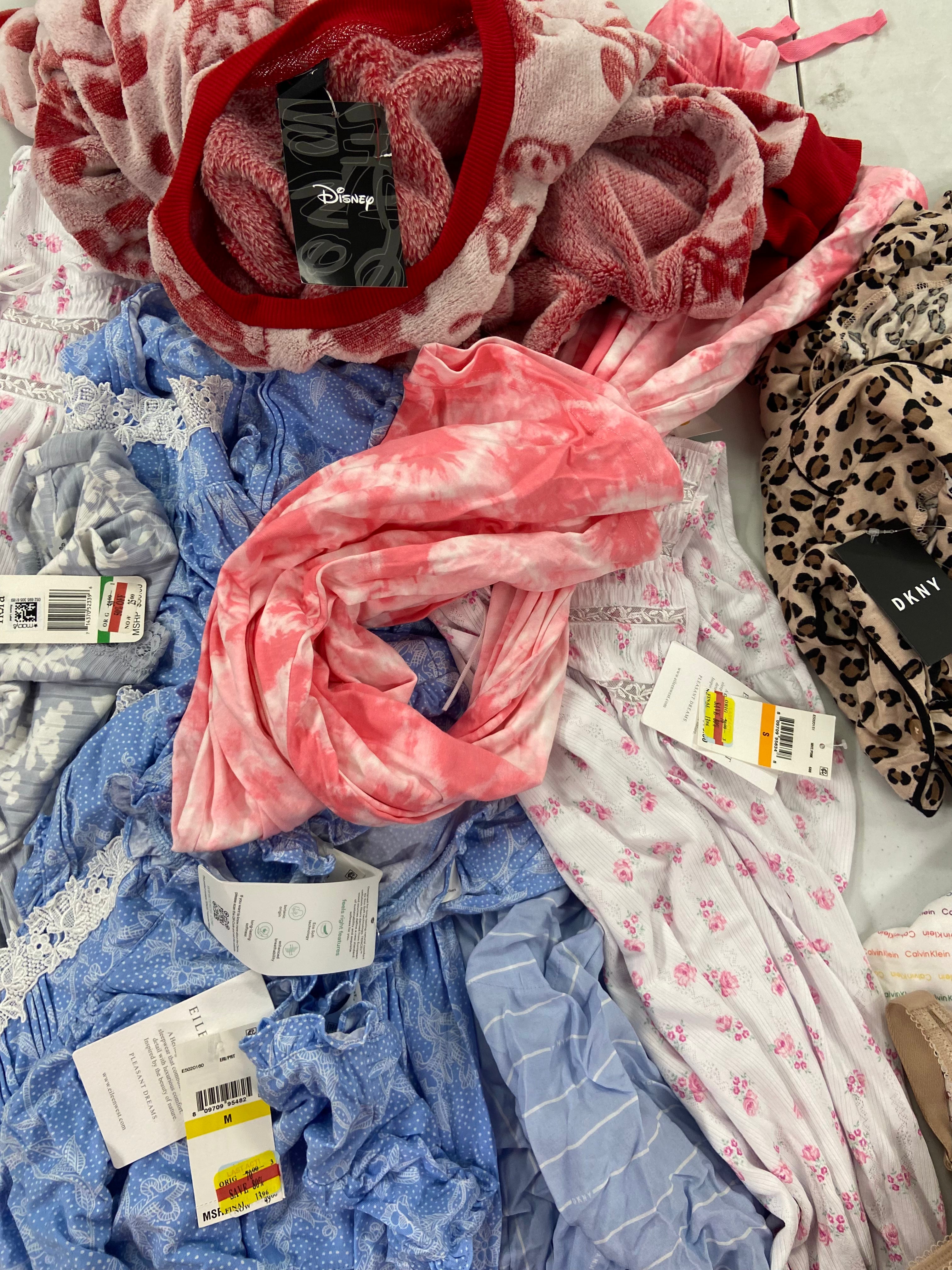 Women's INTIMATES Wholesale Lot, DISNEY, WACOAL, DKNY, CALVIN KLEIN, FLORA, Eileen West and more, 21 items, Shelf Pulls, MSRP $1,198