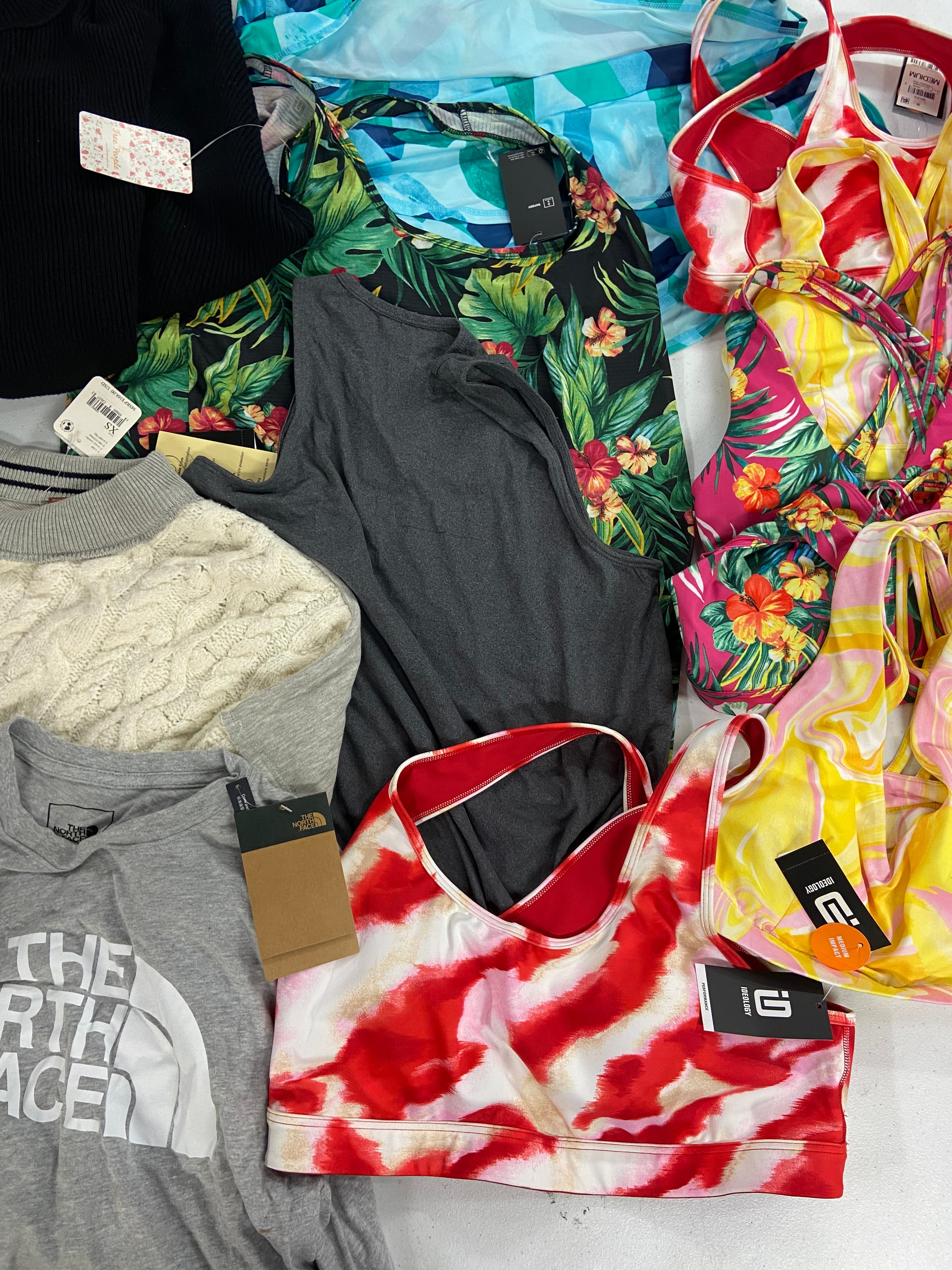 Women's Clothing Tops Wholesale Lot, THE NORTH FACE, FREE PEOPLE, IDEOLOGY, 12 items, Shelf Pulls, MSRP $552
