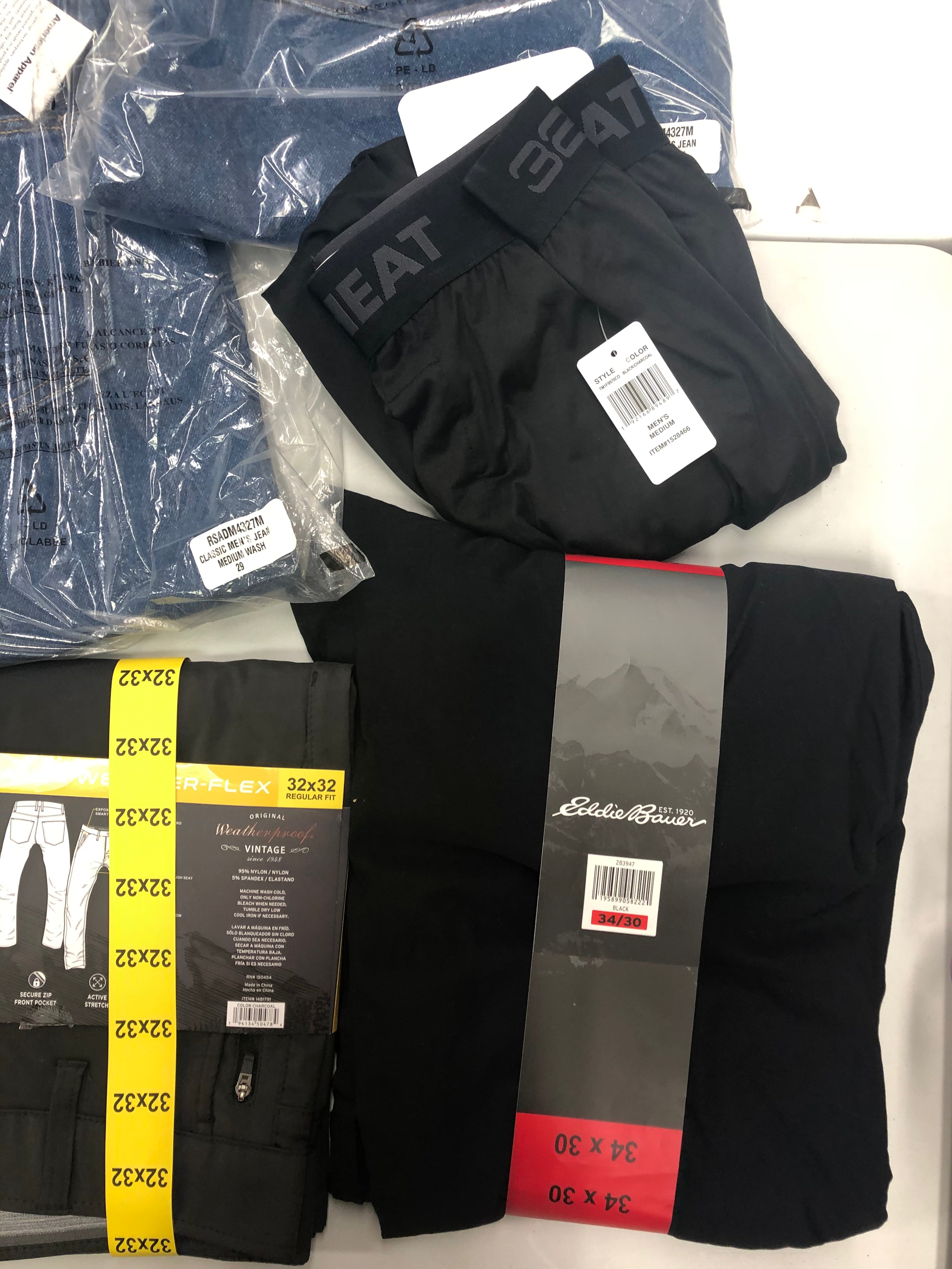 Men's Clothing Pants and Others, Wholesale Lot, EDDIE BAUER, STEVE MADDEN, CHAPS, WEATHER PROOF, 32 DEGREES and more, 14 items, Shelf Pulls, MSRP $1,091