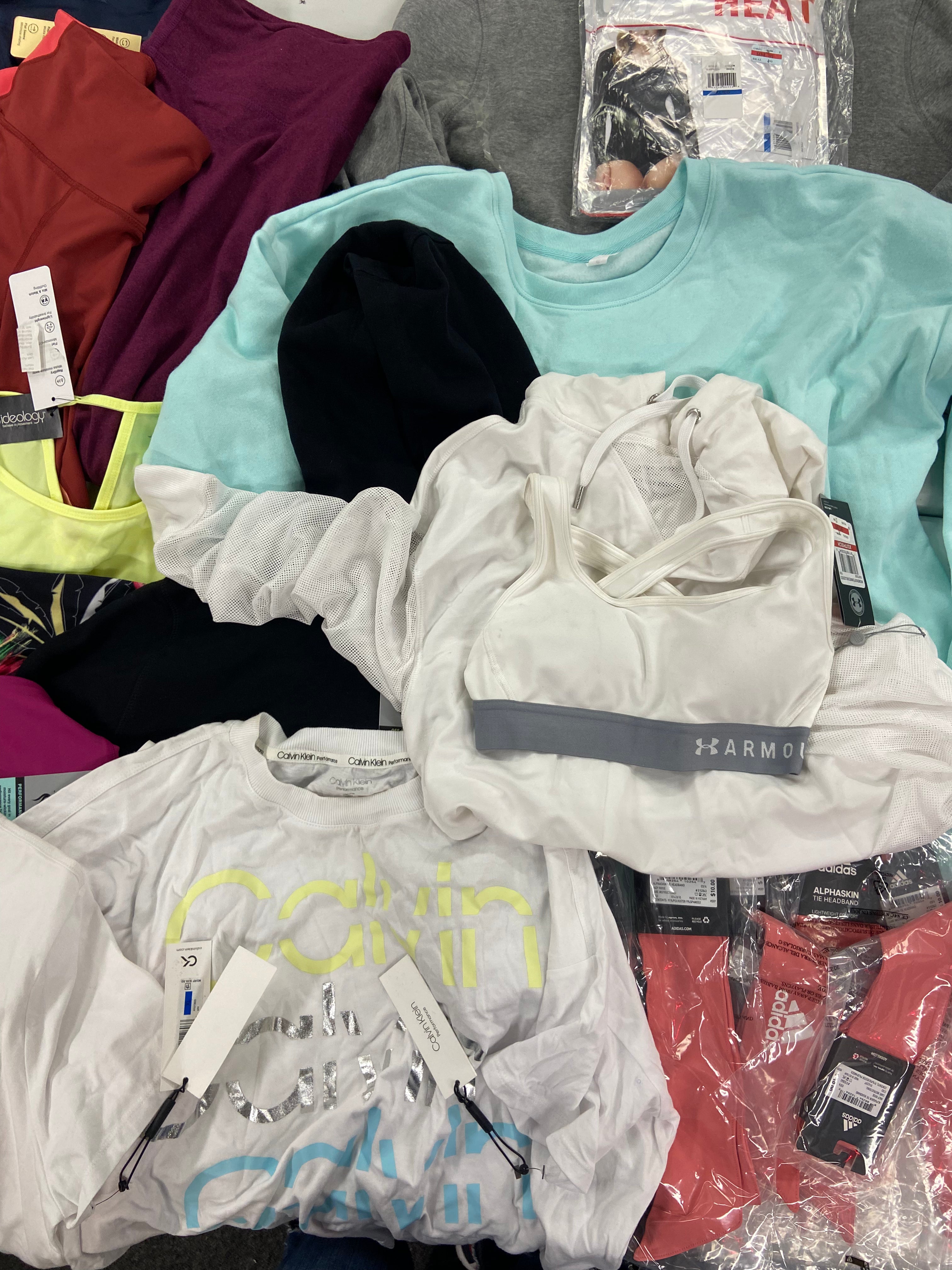 Women's Clothing Activewear Wholesale Lot, ADIDAS, CALVIN KLEIN, UNDER ARMOUR, DKNY, IDEOLOGY and more, 23 items, Shelf Pulls, MSRP $592