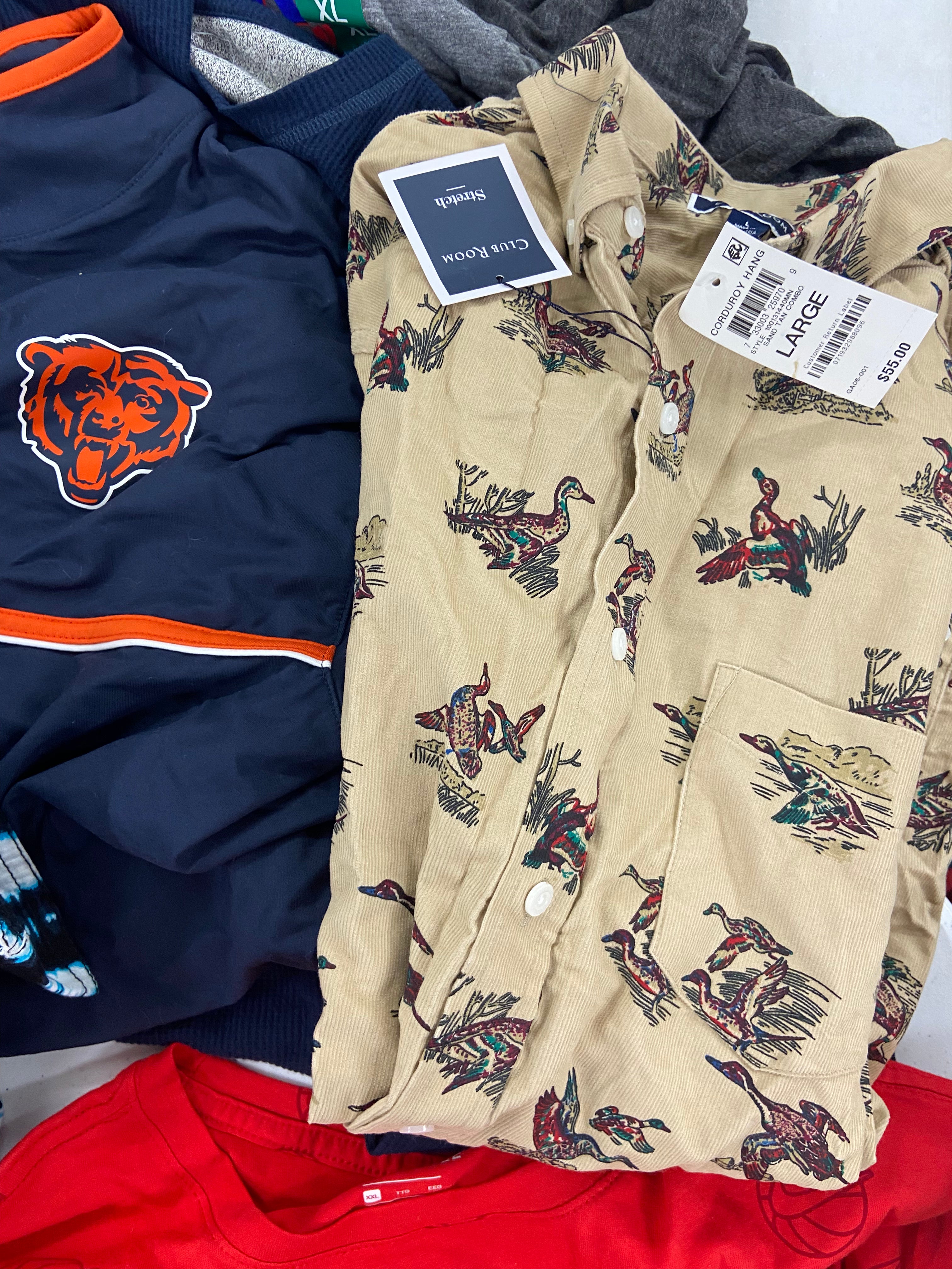 Men's Clothing Shirts Wholesale Lot, ADIDAS, NIKE, BANANA REPUBLIC, CALVIN KLEIN, NBA, NFL and more, 11 items, Shelf Pulls, MSRP $530