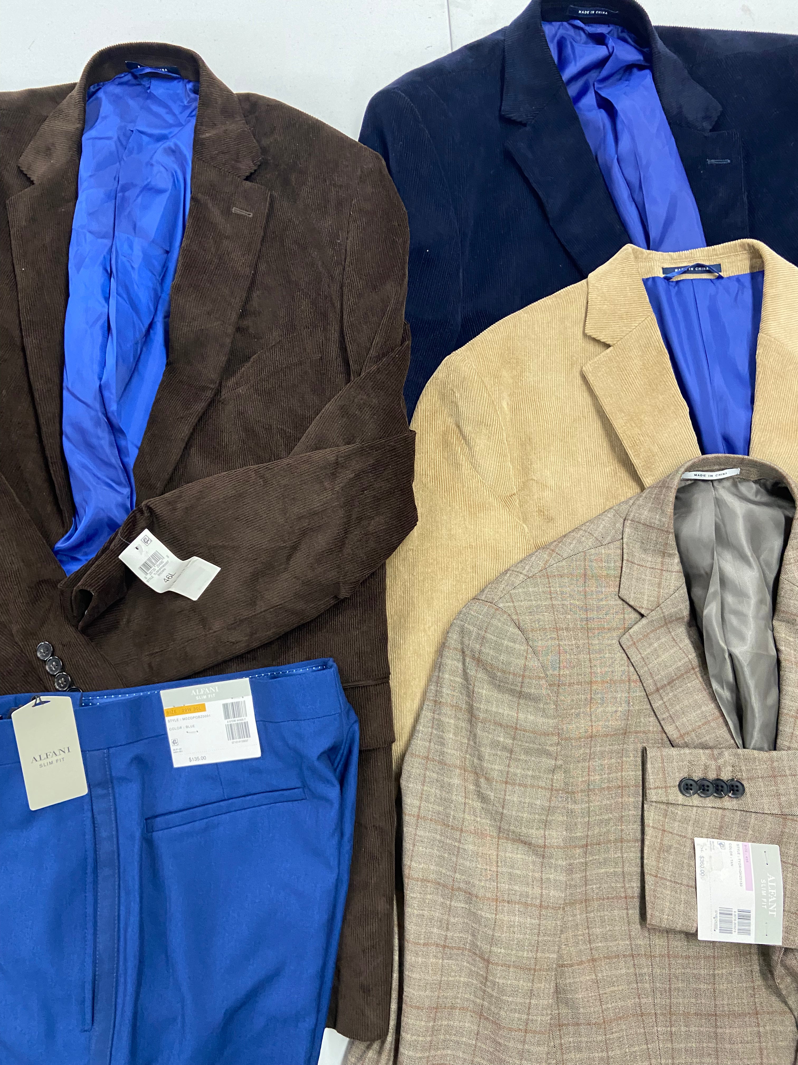 Men's Clothing Blazers & Dress Pant Wholesale Lot,  ALFANI, CLUB ROOM, 5 items, Shelf Pulls, MSRP $1,380