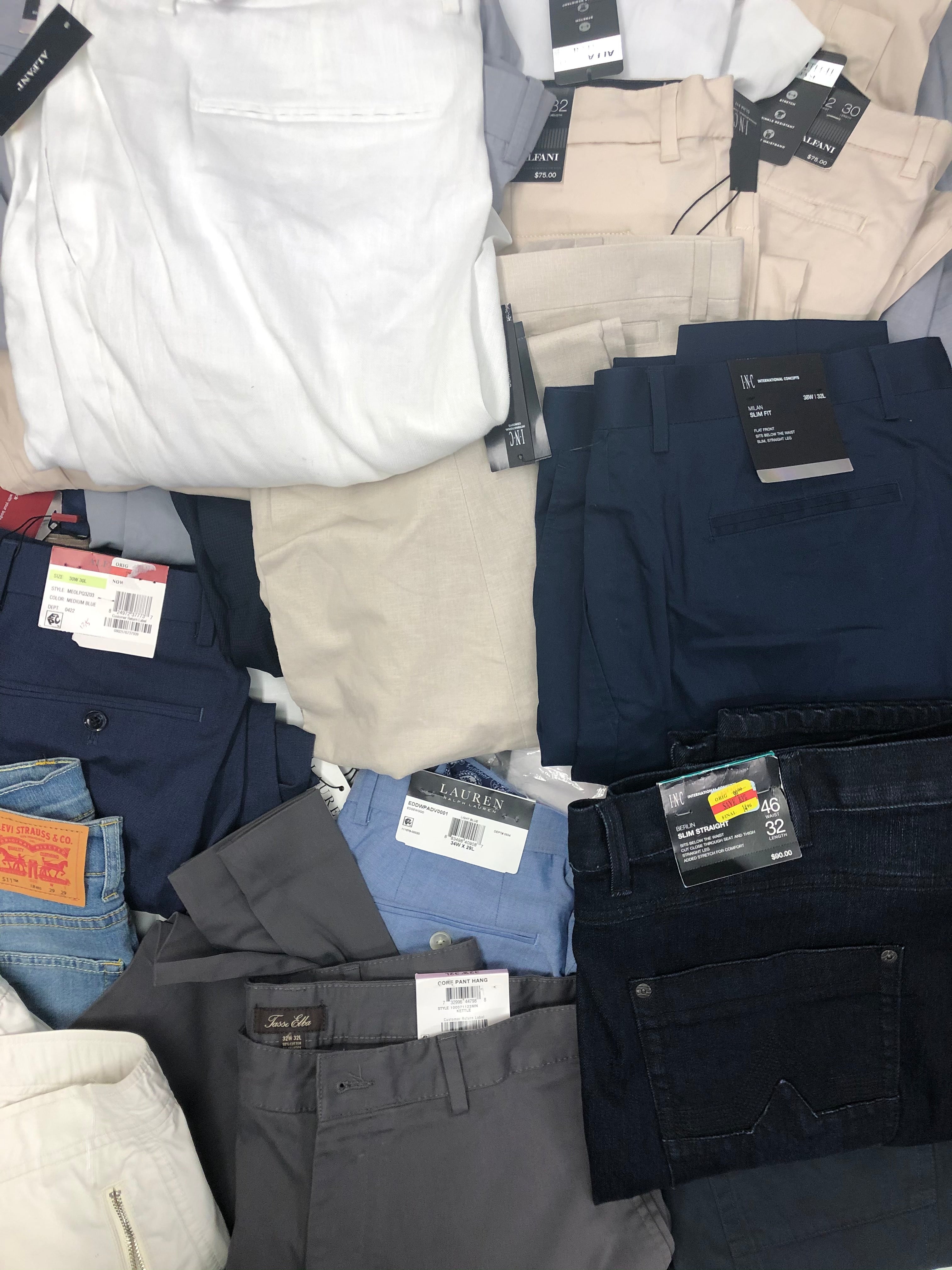Men's Clothing Bottom Wholesale Lot, POLO RALPH LAUREN, DKNY, LEVI'S, TASSO ELBA, ALFANI and more,  33 Units, Shelf Pulls, MSRP $2,433.49