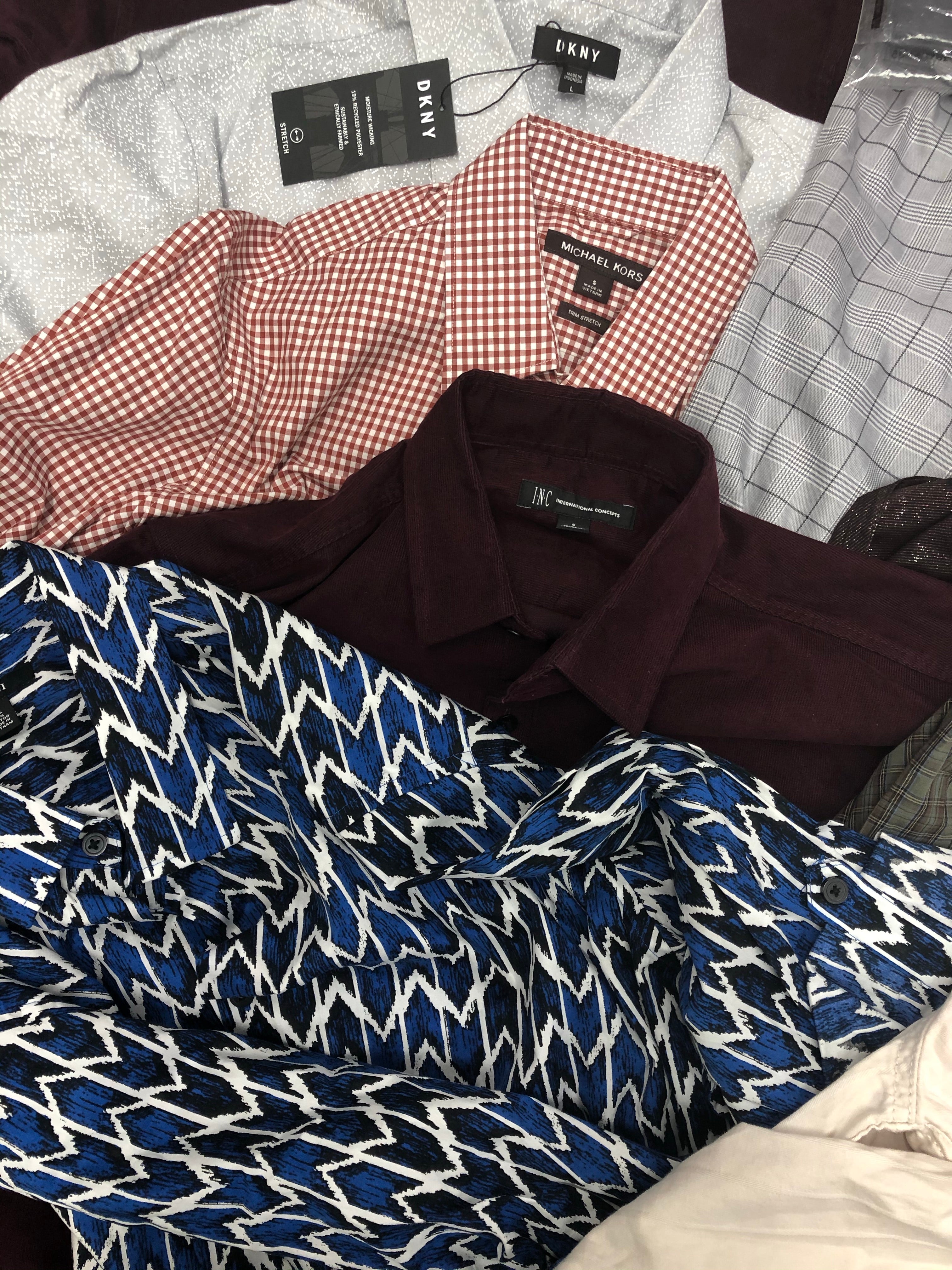 Men's Clothing Button Down shirts Wholesale Lot, DKNY, LEVI'S, WEATHERPROOF, INC and more, 15 Units, Shlef Pulls, MSRP $971.00