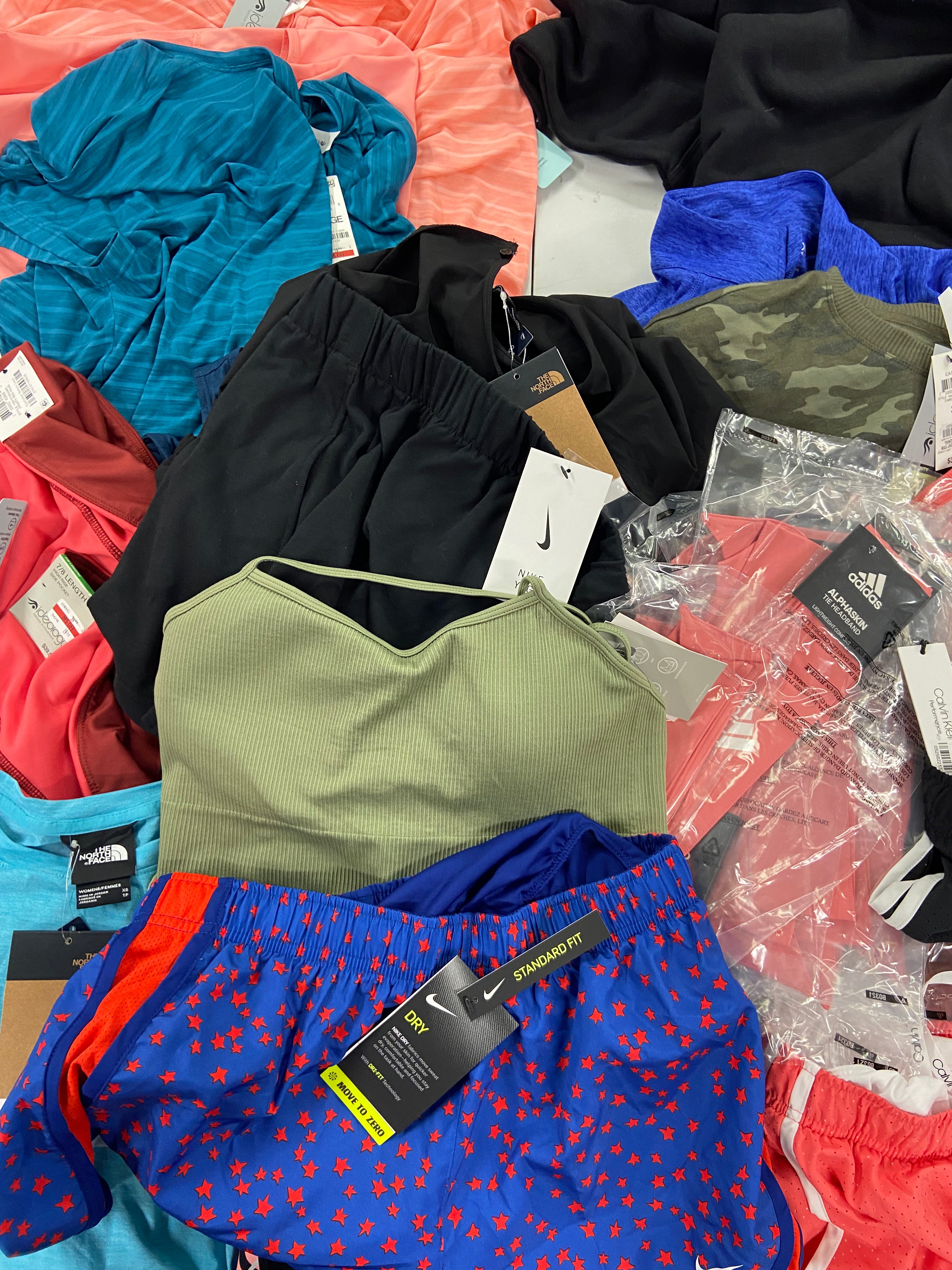 Women's Clothing Activewear Wholesale Lot, ADIDAS, NIKE, THE NORTH FACE, CK PERFORMANCE, DKNY and more, 35 items, Shelf Pulls, MSRP $967