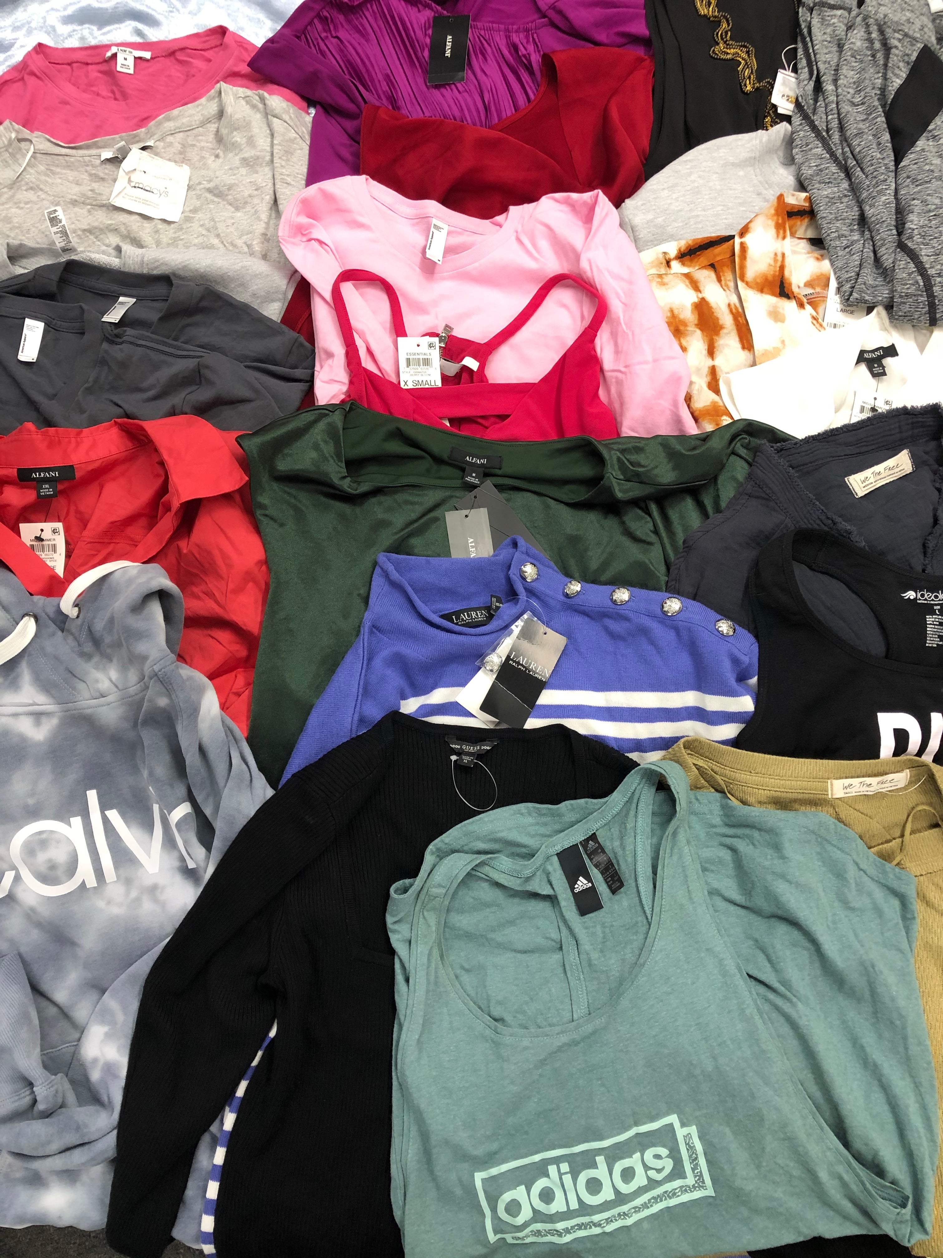 Women's Clothing Tops Wholesale Lot, LAUREN RALPH LAUREN, ADIDAS, CALVIN KLEIN, FREE PEOPLE, GUESS, AMEIRCAN APPAREL, ALFANI and more, 24 items, Shelf Pulls, MSRP $1,223