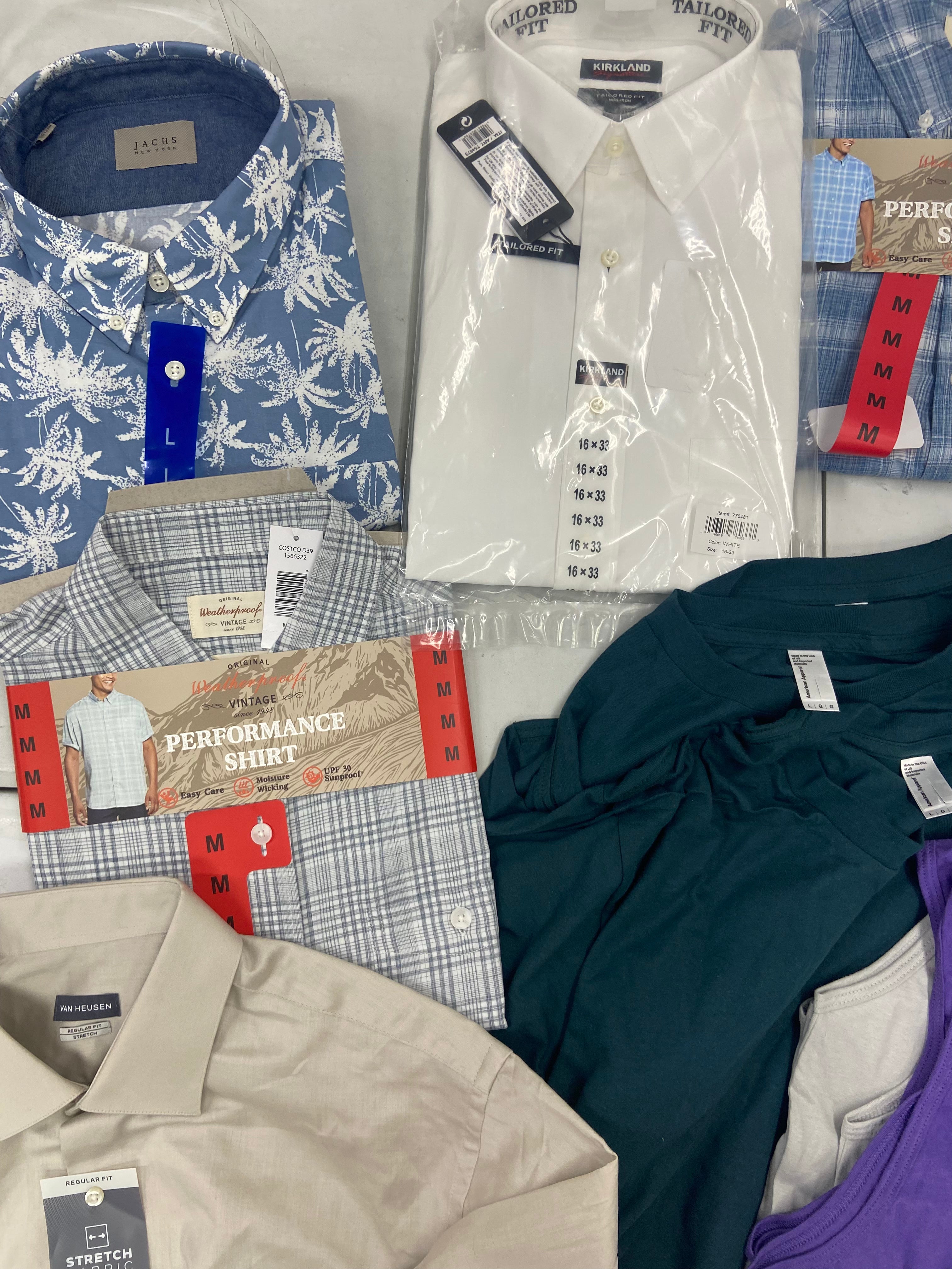 Men's Clothing Button Down Shirts, T-shirts and Other Tops, Wholesale Lot, CALVIN KLEIN, WEATHERPROOF, JACHS, Van Heusen, Suslo Couture and more, 29 items, Shelf Pulls, MSRP $693