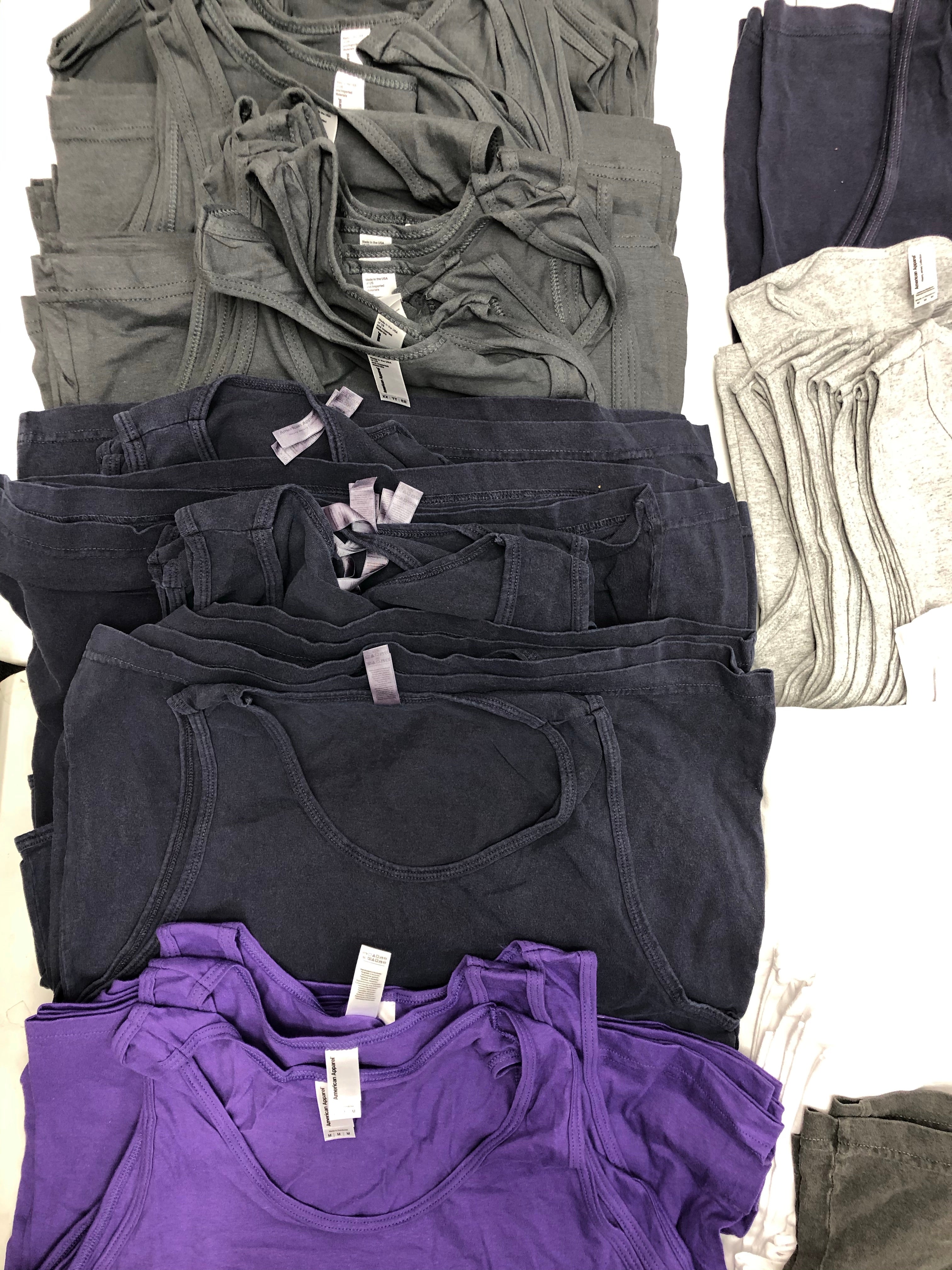 Men's Clothing Tops Sleeveless Wholesale Lot, AMERICAN APPAREL ONLY, 113 Items, Shelf Pulls, MSRP $2,034