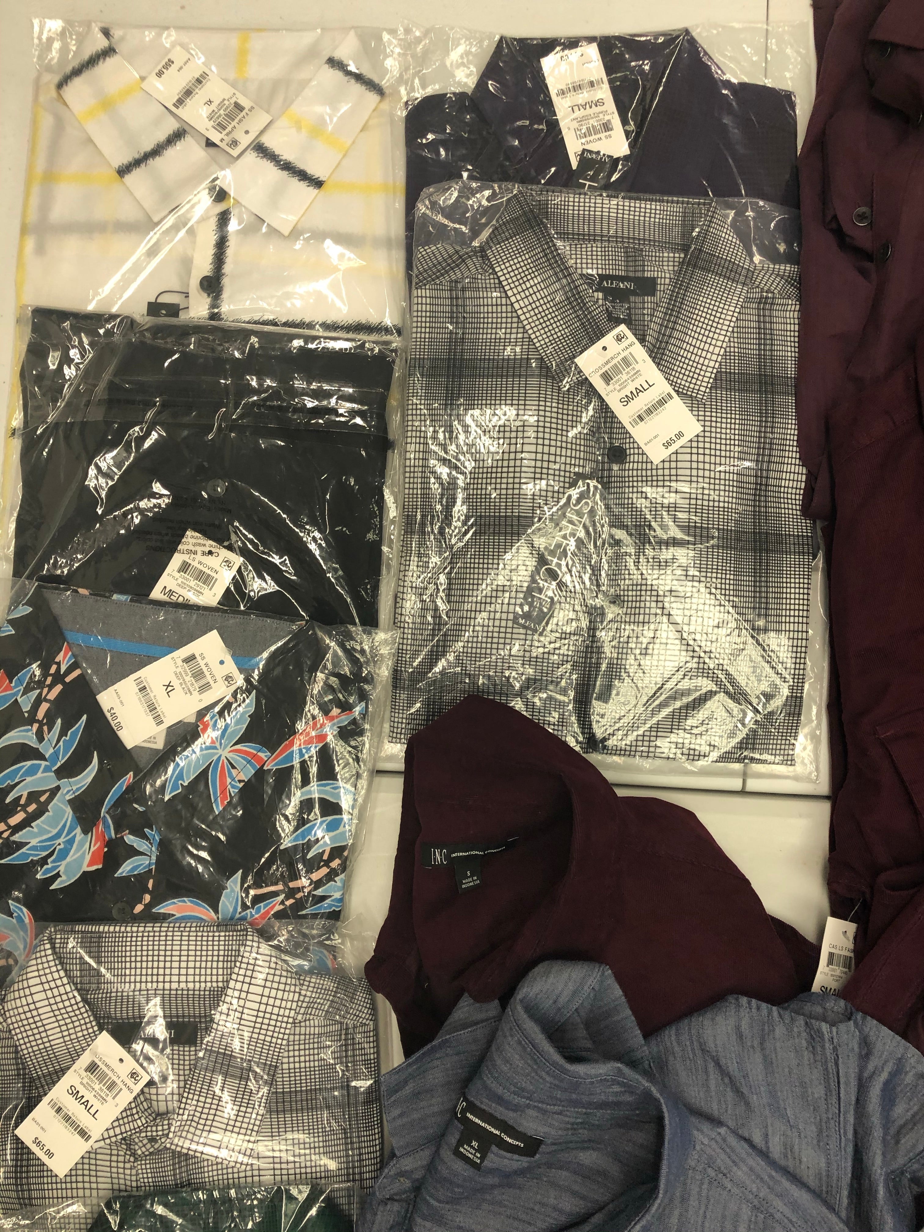 Men's Clothing Button Down Shirt Wholesale Lot, TASSO ELBA, SUN + STONE, Alfani and more, 16 Units, Shelf Pulls, MSRP $1,171