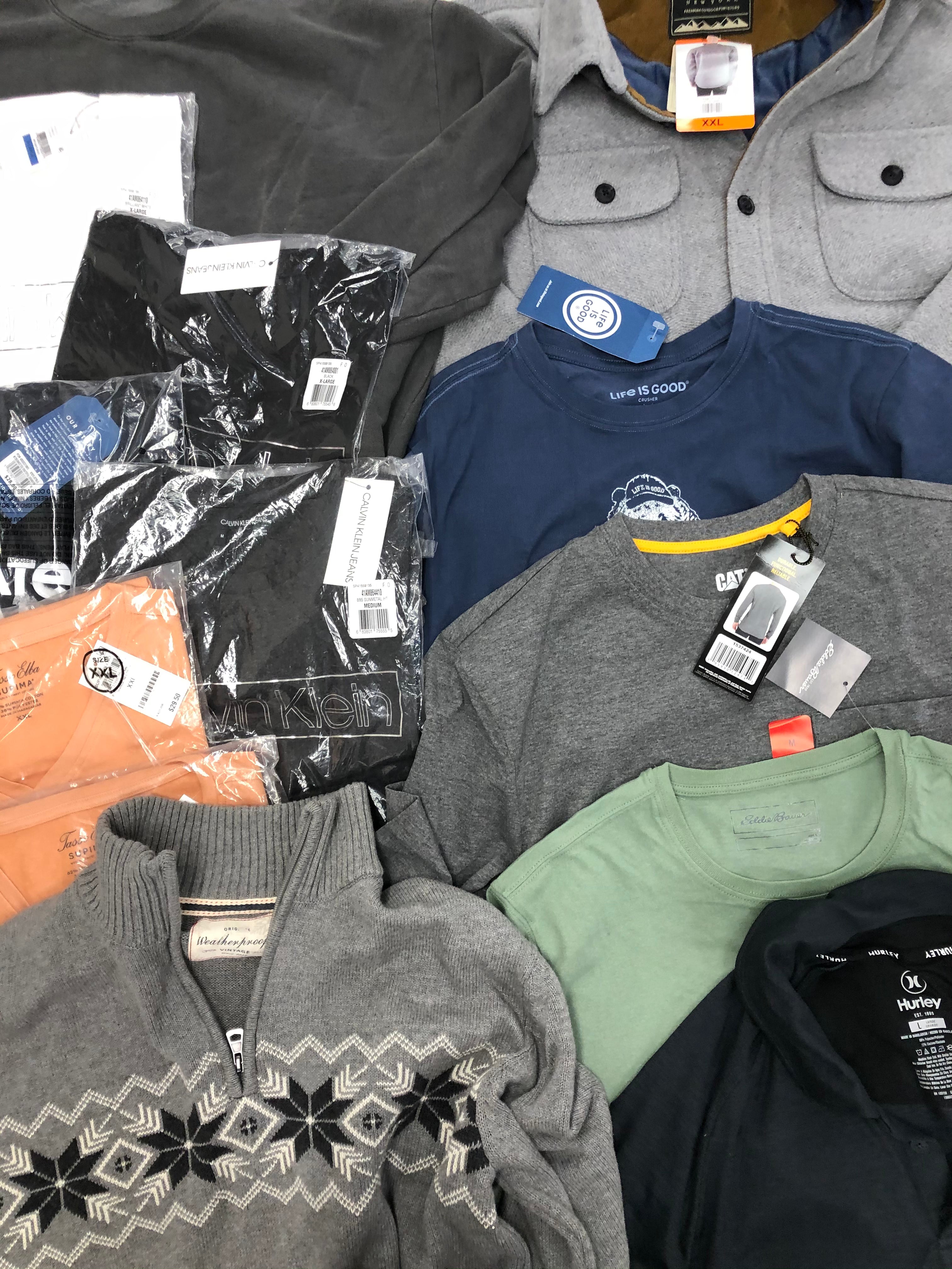 Men's Clothing Tops Wholesale Lot, EDDIE BAUER, CALVIN KLEIN, HURLEY, WEATHERPROOF and more, 16 items, Shelf Pulls, MSRP $678