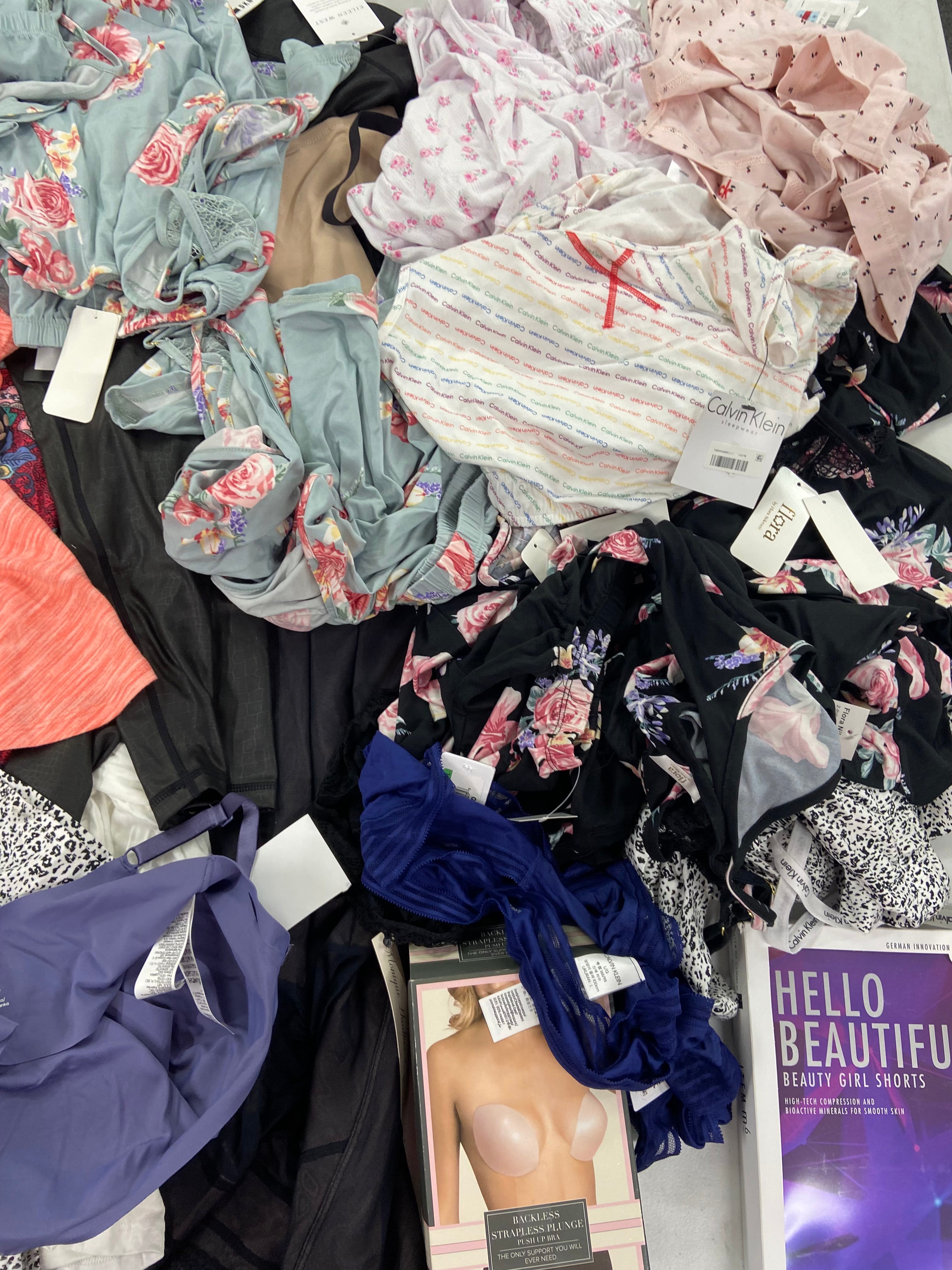 Women's INTIMATES Wholesale Lot, ADIDAS, HANKY PANKY, DKNY, FLORA, CALVIN KLEIN, PLAYTEX and more, 30 items, Shelf Pulls, MSRP $1,571