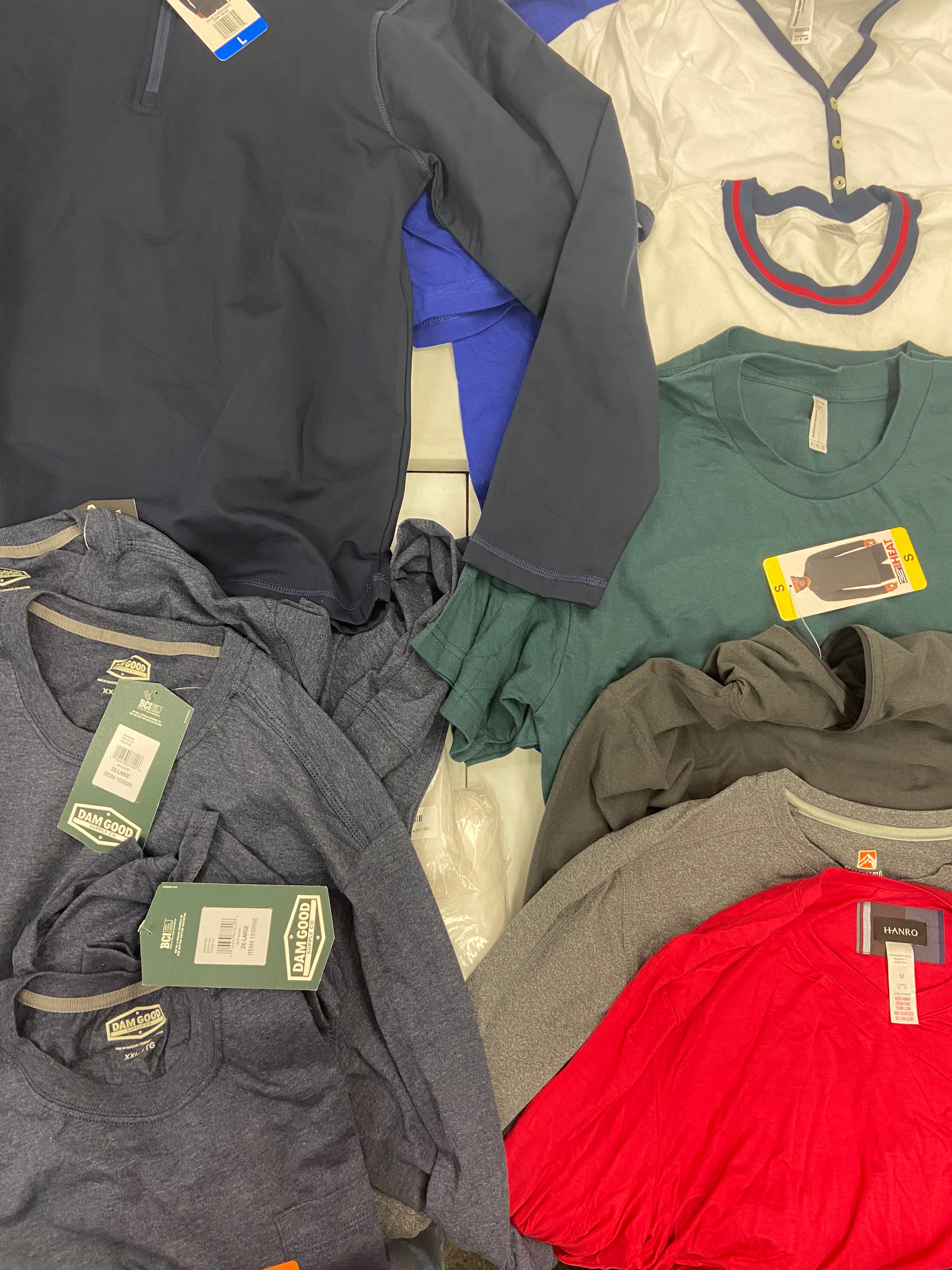 Men's Clothing T-shirts and Other Tops, Wholesale Lot, HANRO, RUGGED ELEMENT, 32 DEGREES, AMERICAN APPAREL and more, 22 items, Shelf Pulls, MSRP $671