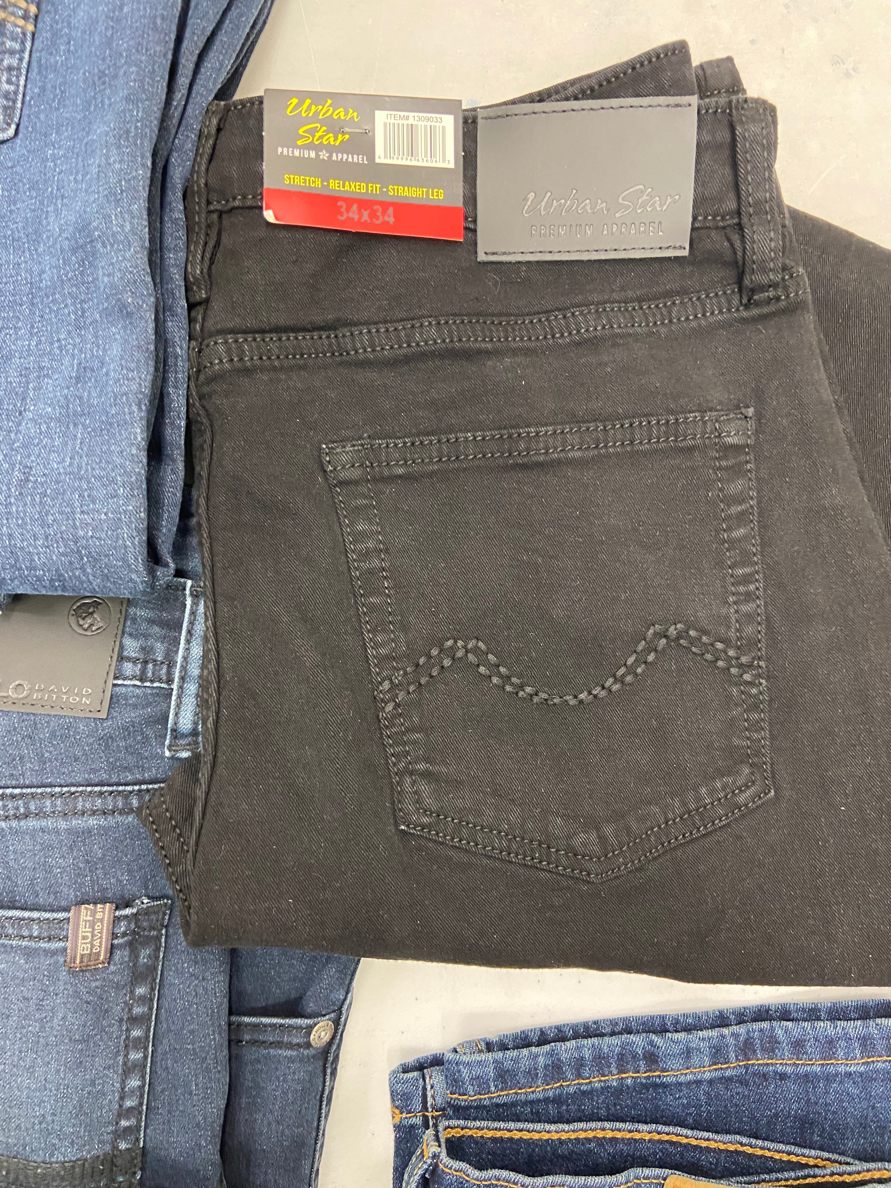 Men's Clothing Jeans Wholesale Lot, LEVI STRAUSS AND CO, BUFFALO, AMERICAN APPAREL, KIRKLAND and more, 8 items, Shelf Pulls, MSRP $554