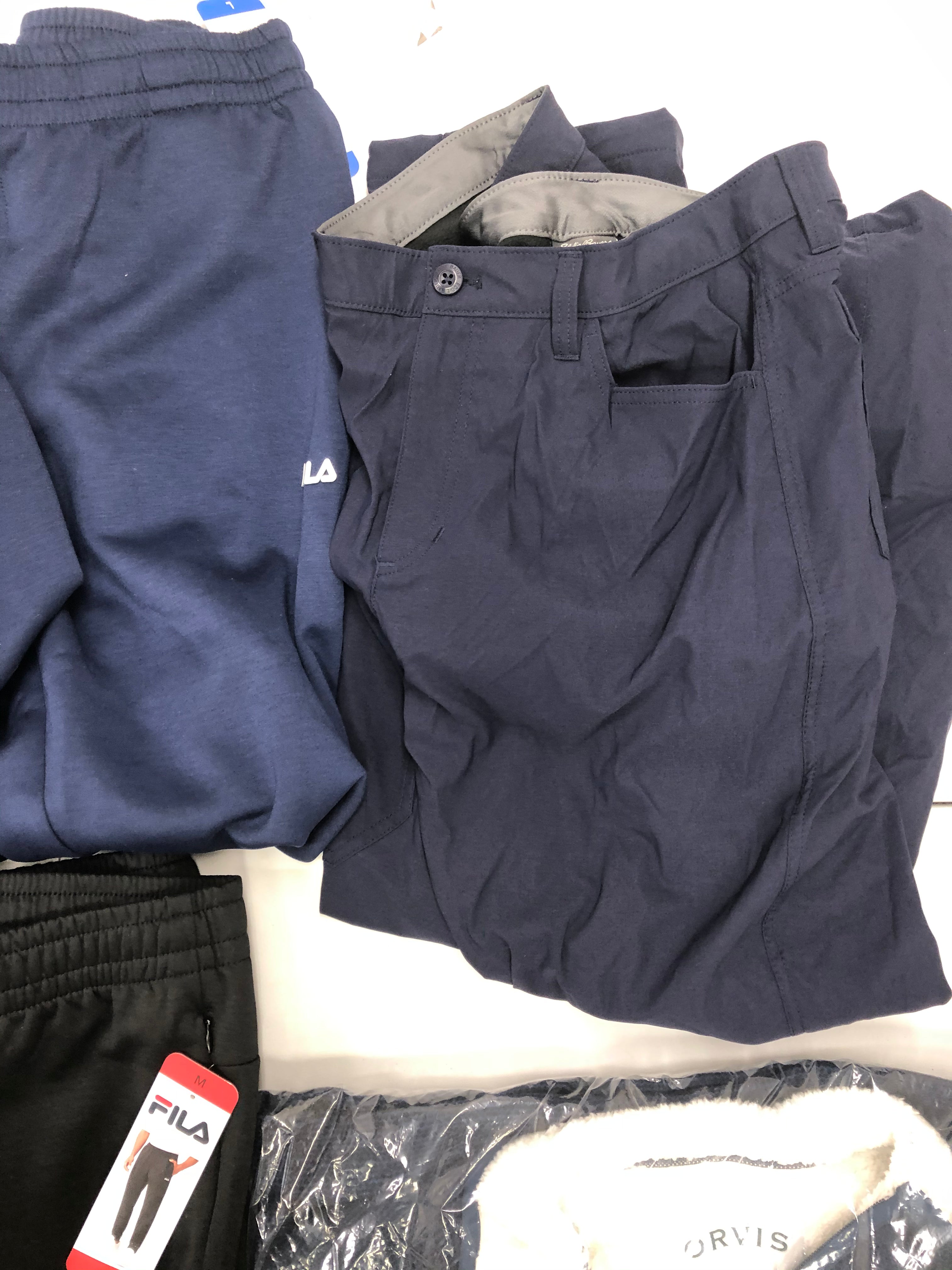 Men's Clothing Workout Pants and other pants, Wholesale Lot, FILA, EDDIE BAUER, MARC NEW YORK, ORVIS, 9 items, Shelf Pulls, MSRP $565