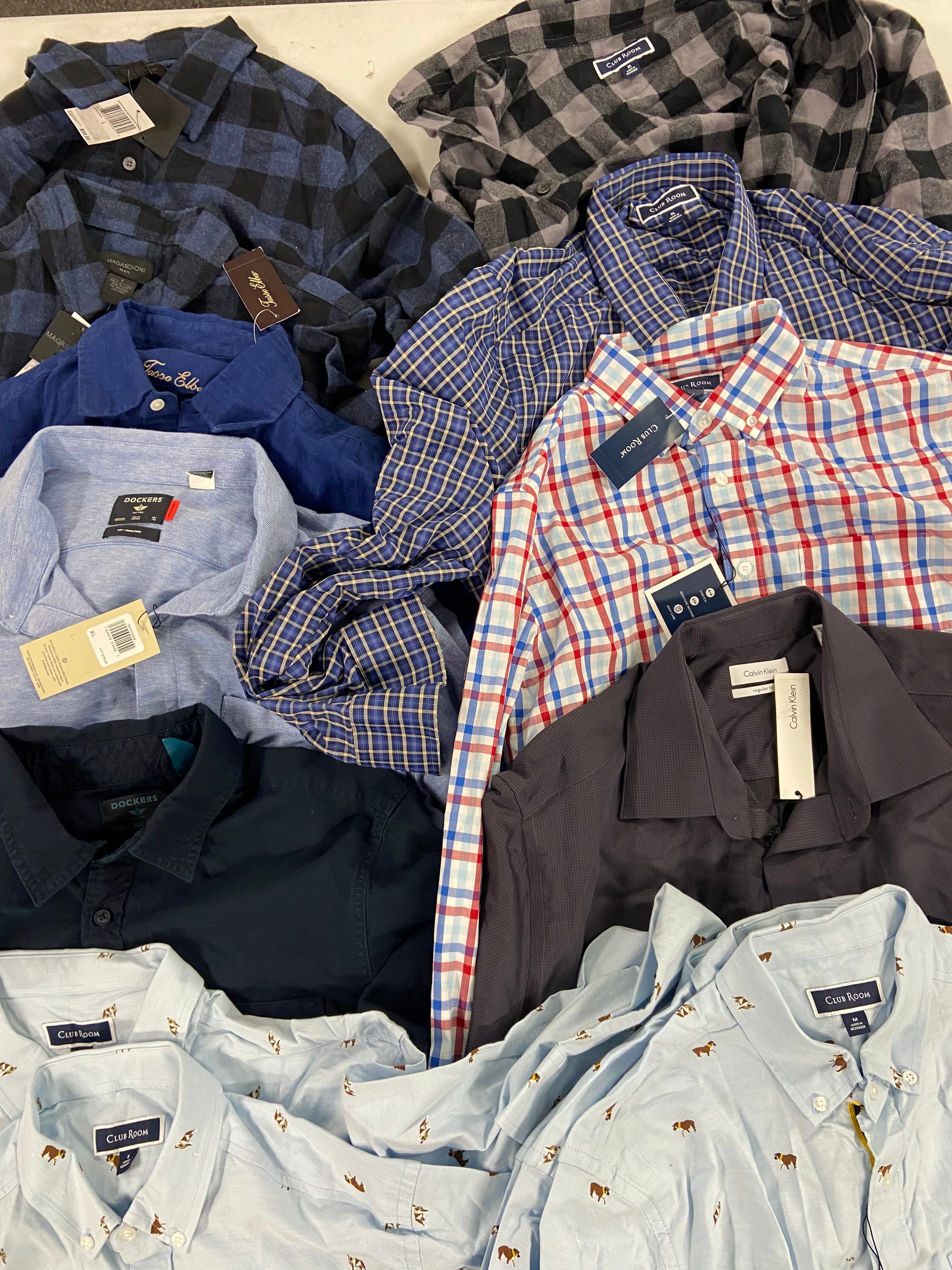 Men's Clothing Button Down Shirts Wholesale Lot, CALVIN KLEIN, DOCKERS, MAGASCHON, TASSO ELBA, CLUB ROOM, 16 items, Shelf Pulls, MSRP $1,027