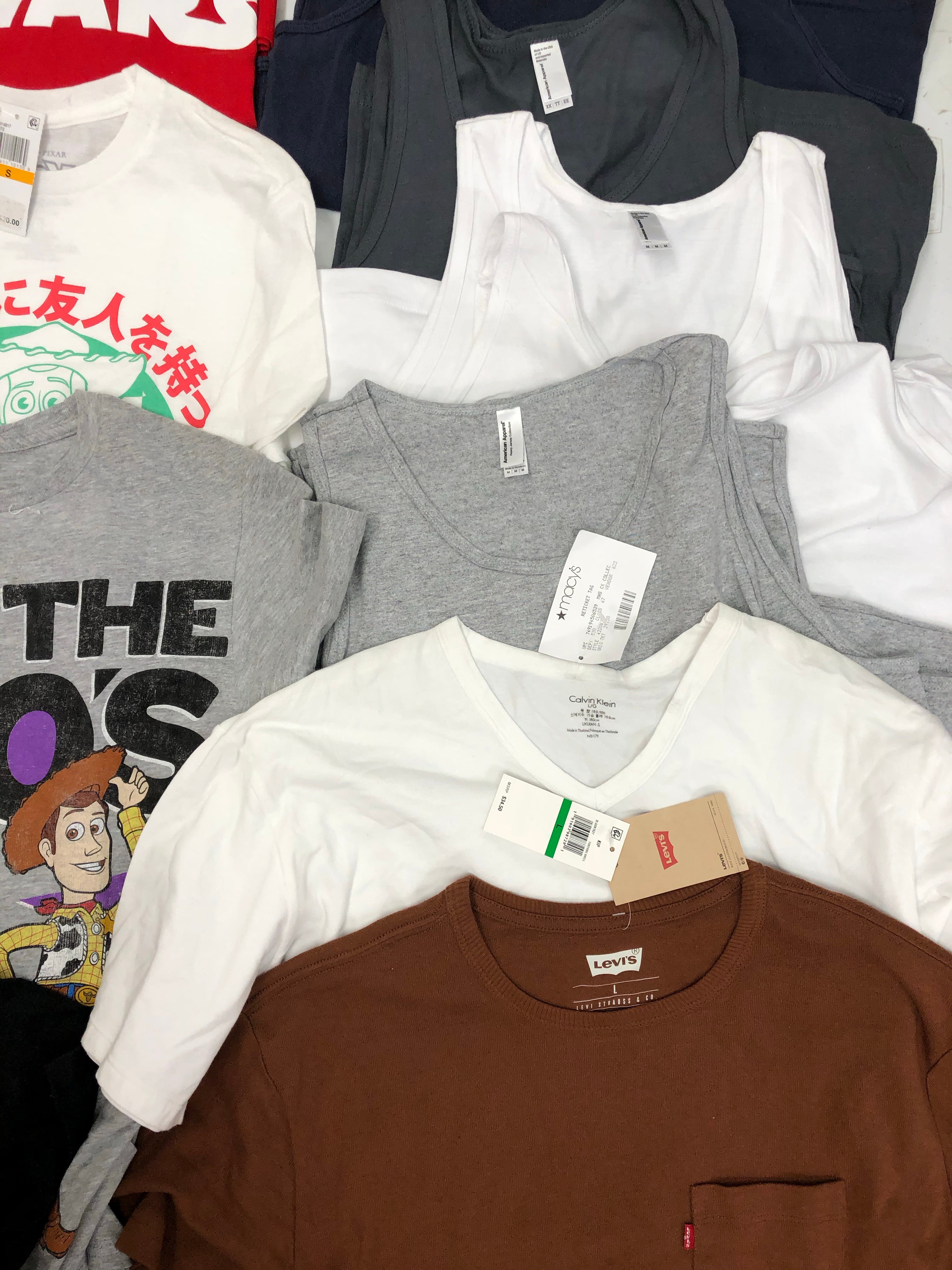 Men's Clothing Tops, Character T-Shirts and more, Wholesale Lot, LEVI'S, CALVIN KLEIN, TASSO ELBA, DISNEY, AMERICAN APPAREL and more, 29 items, Shelf Pulls, MSRP $671